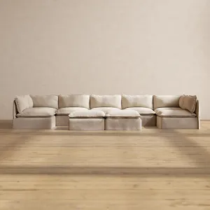 Modular Performance 7-Seater Open-Ends U-Sectional   Bench Ottoman in Oat | Relaxed Blend