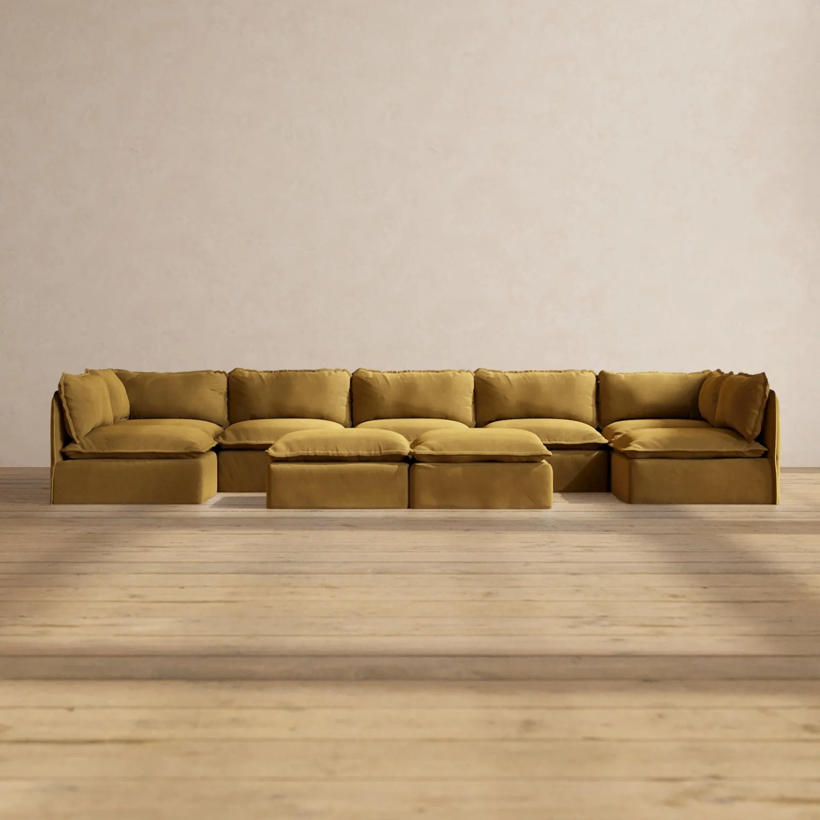 Modular Performance 7-Seater Open-Ends U-Sectional   Bench Ottoman in Toffee | Relaxed Blend