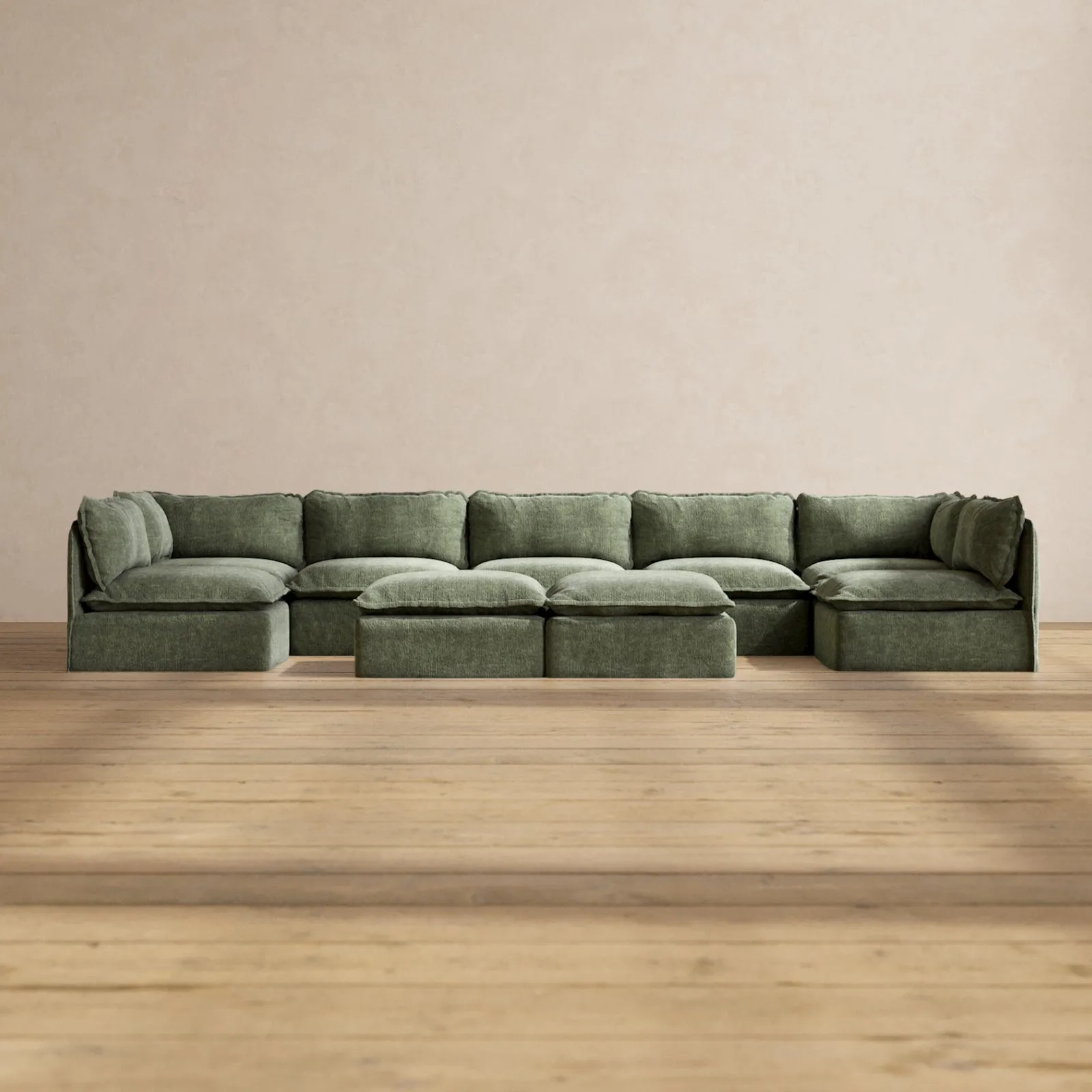 Modular Performance 7-Seater Open-Ends U-Sectional   Bench Ottoman in Willow | Deluxe Blend