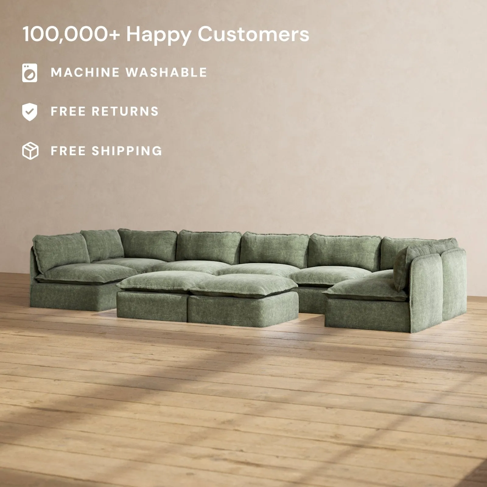Modular Performance 7-Seater Open-Ends U-Sectional   Bench Ottoman in Willow | Deluxe Blend