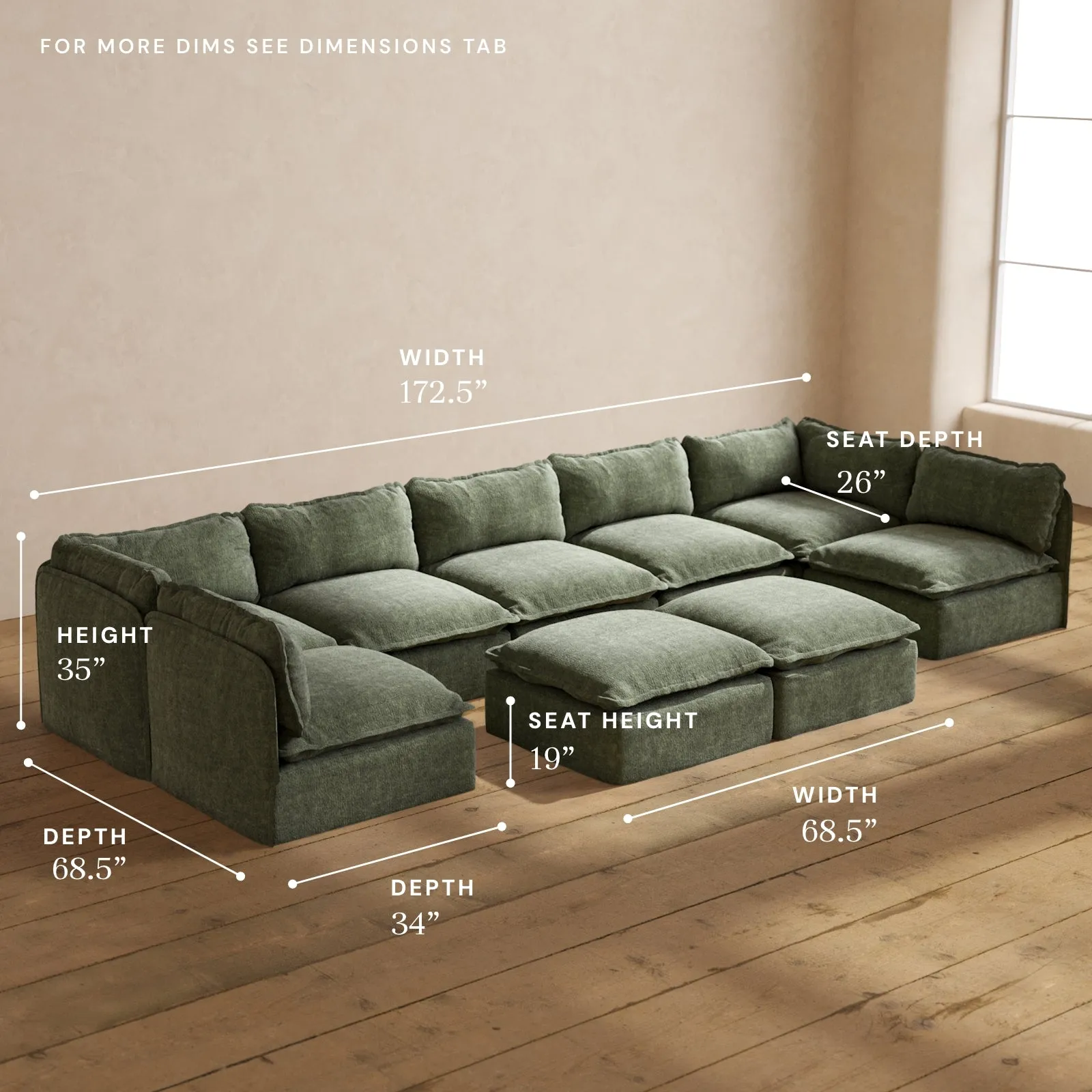 Modular Performance 7-Seater Open-Ends U-Sectional   Bench Ottoman in Willow | Deluxe Blend