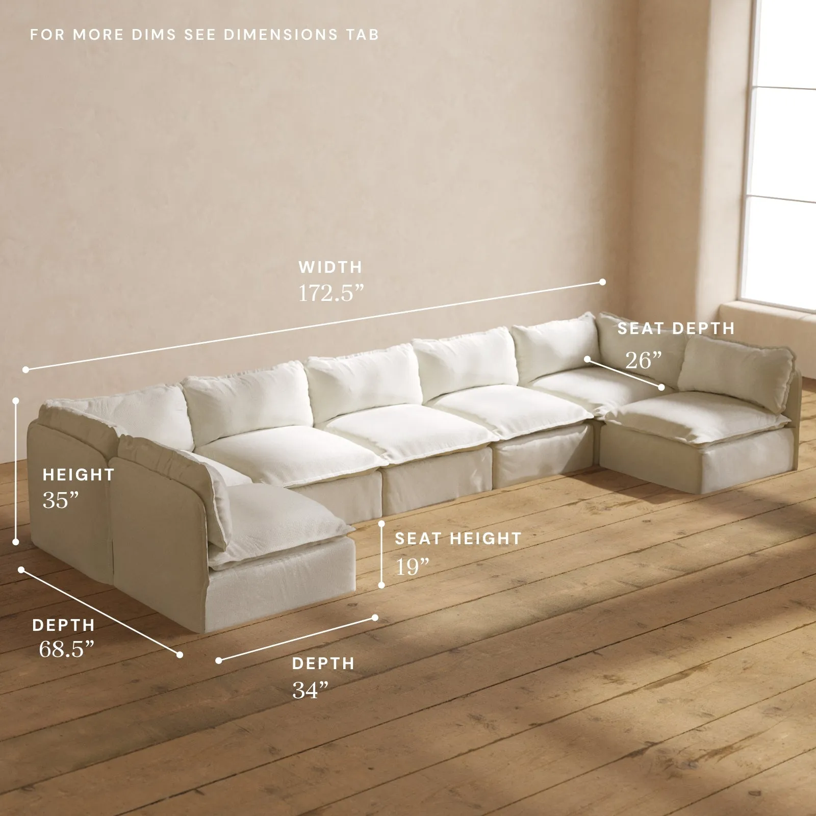 Modular Performance 7-Seater Open-Ends U-Sectional in Eggshell | Relaxed Blend