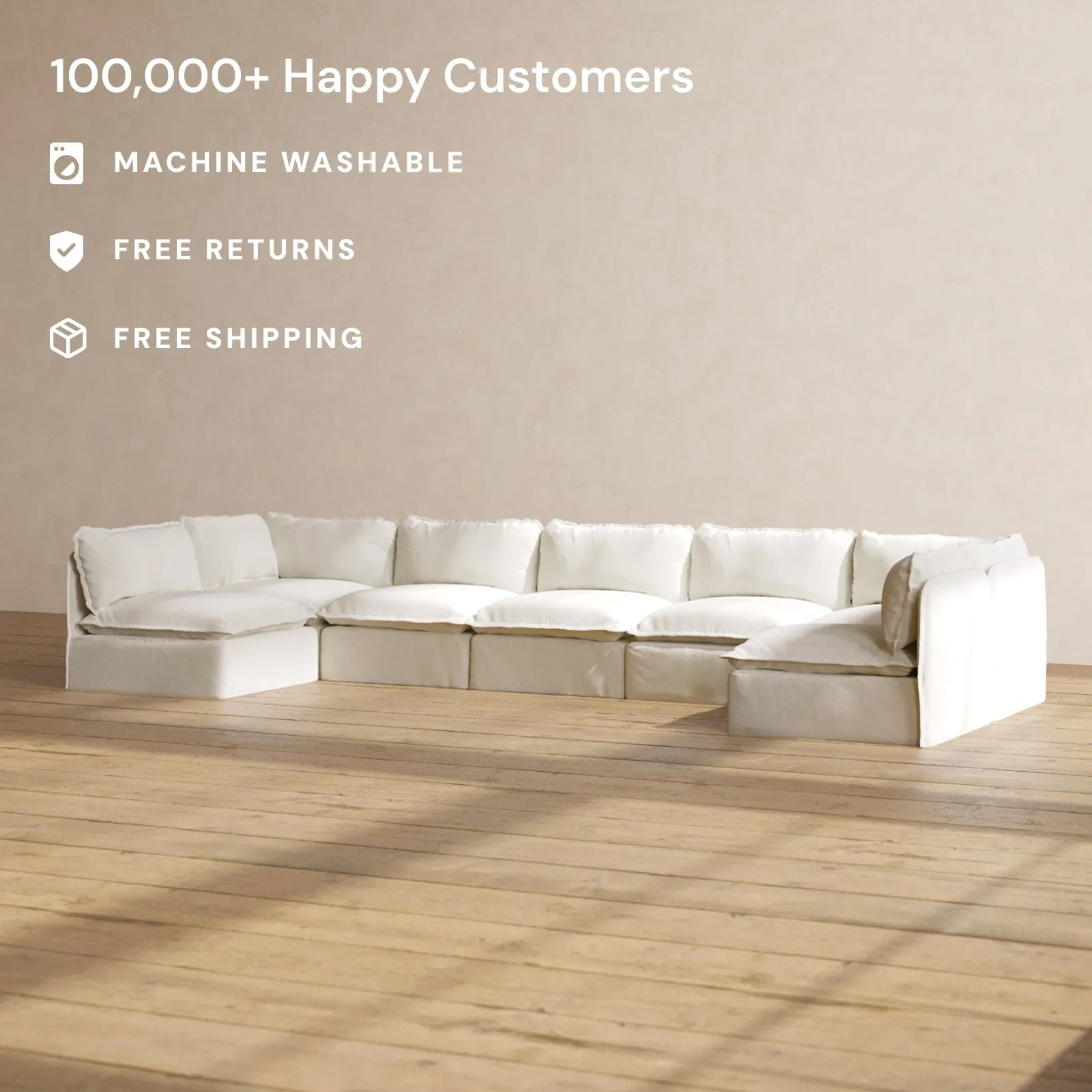 Modular Performance 7-Seater Open-Ends U-Sectional in Eggshell | Relaxed Blend