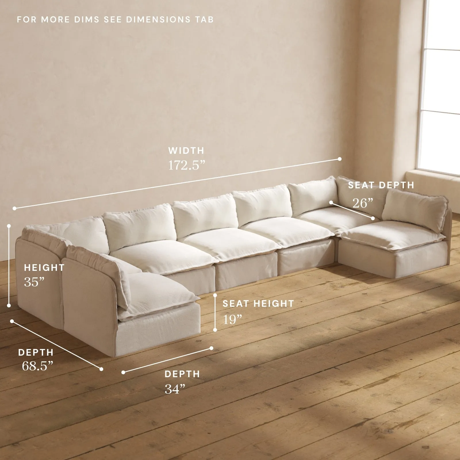 Modular Performance 7-Seater Open-Ends U-Sectional in Flour | Deluxe Blend