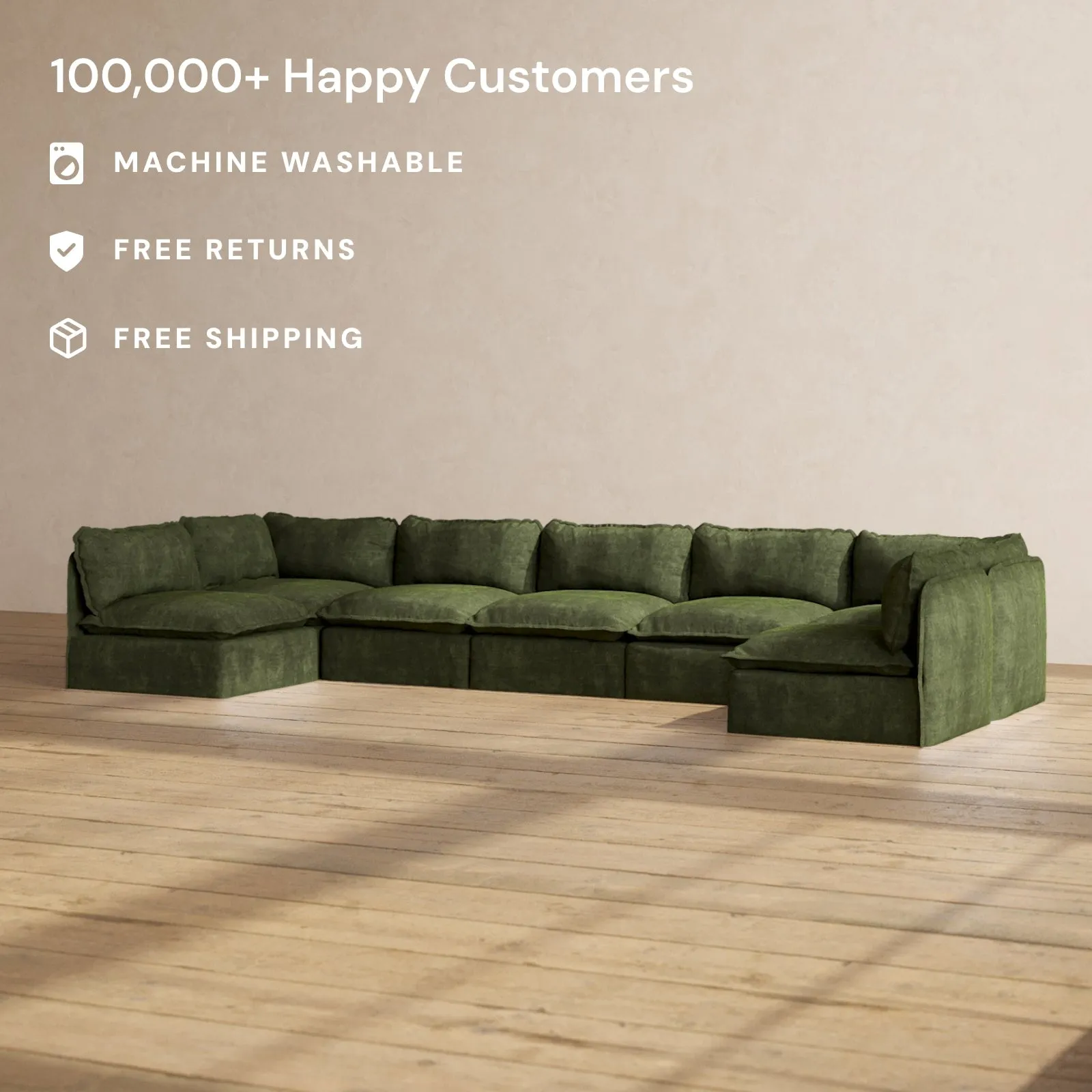 Modular Performance 7-Seater Open-Ends U-Sectional in Olive | Relaxed Blend
