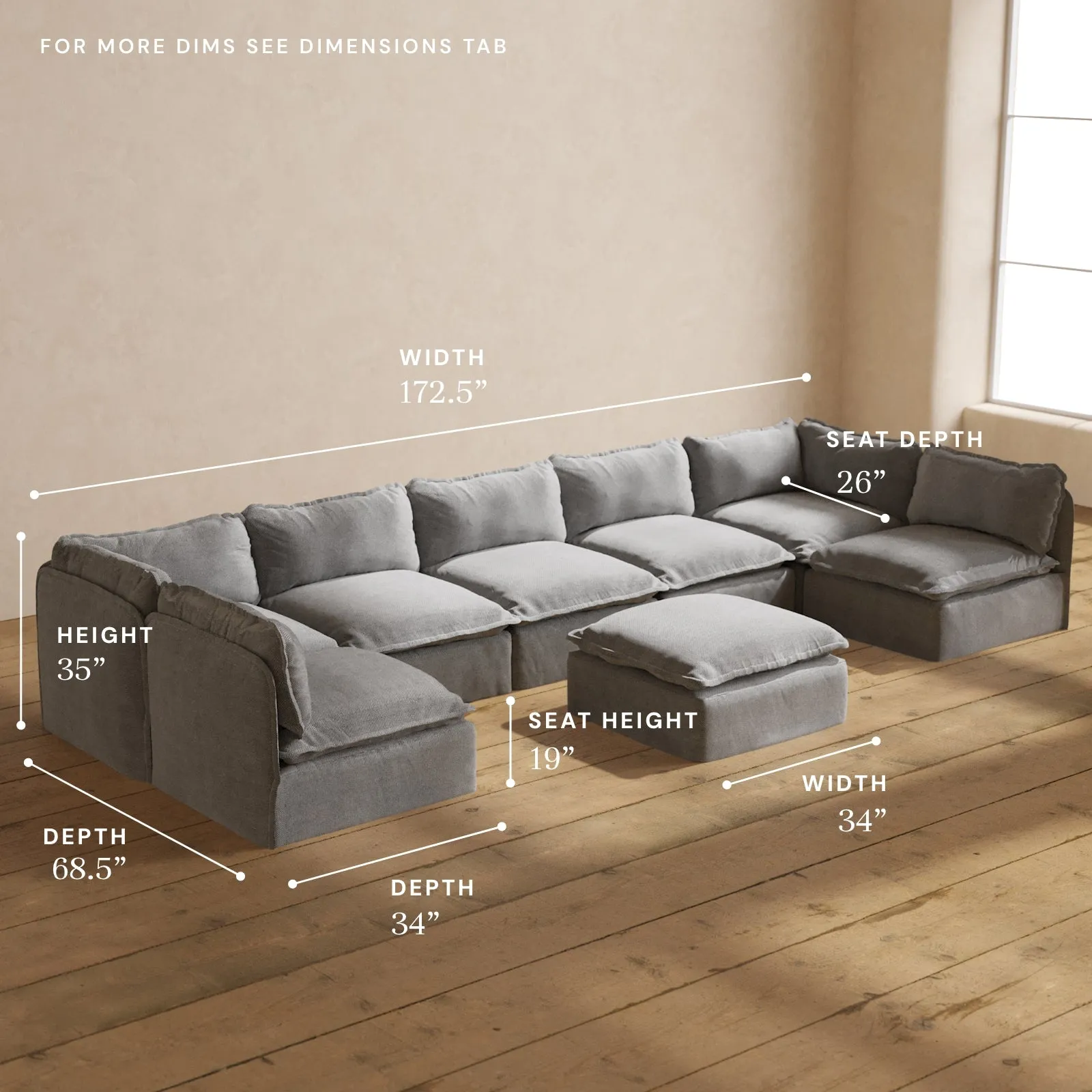 Modular Performance 7-Seater Open-Ends U-Sectional   Ottoman in Ash | Relaxed Blend