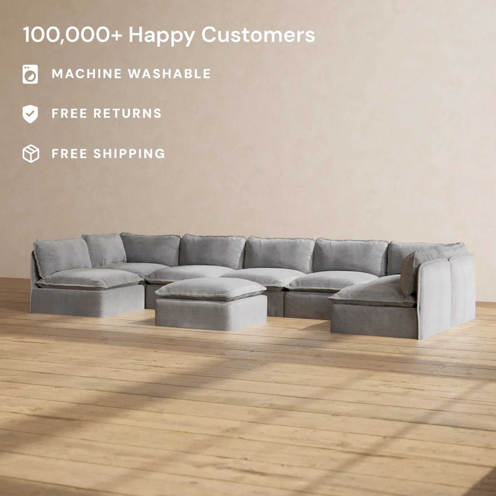 Modular Performance 7-Seater Open-Ends U-Sectional   Ottoman in Ash | Relaxed Blend