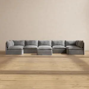 Modular Performance 7-Seater Open-Ends U-Sectional   Ottoman in Ash | Relaxed Blend