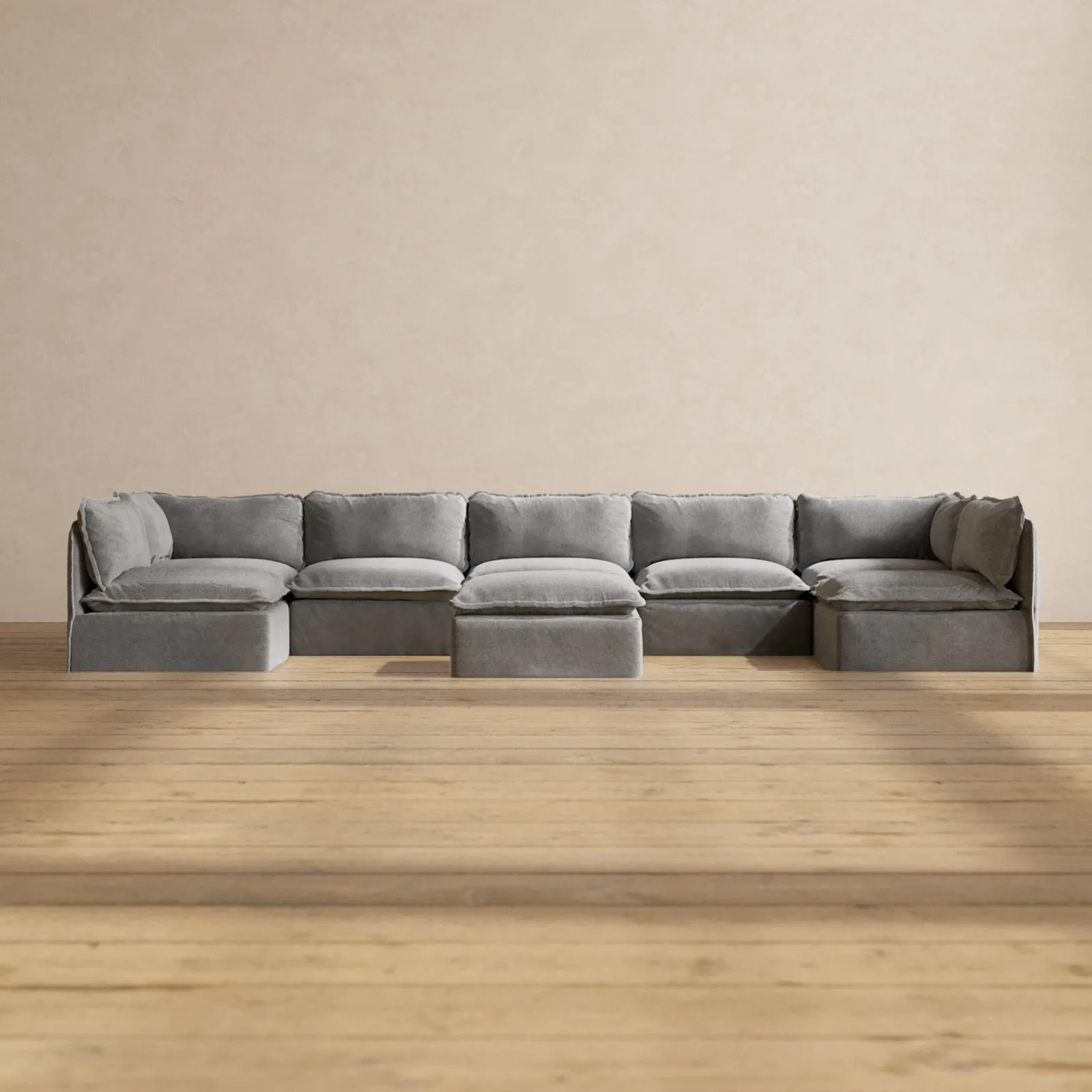 Modular Performance 7-Seater Open-Ends U-Sectional   Ottoman in Ash | Relaxed Blend