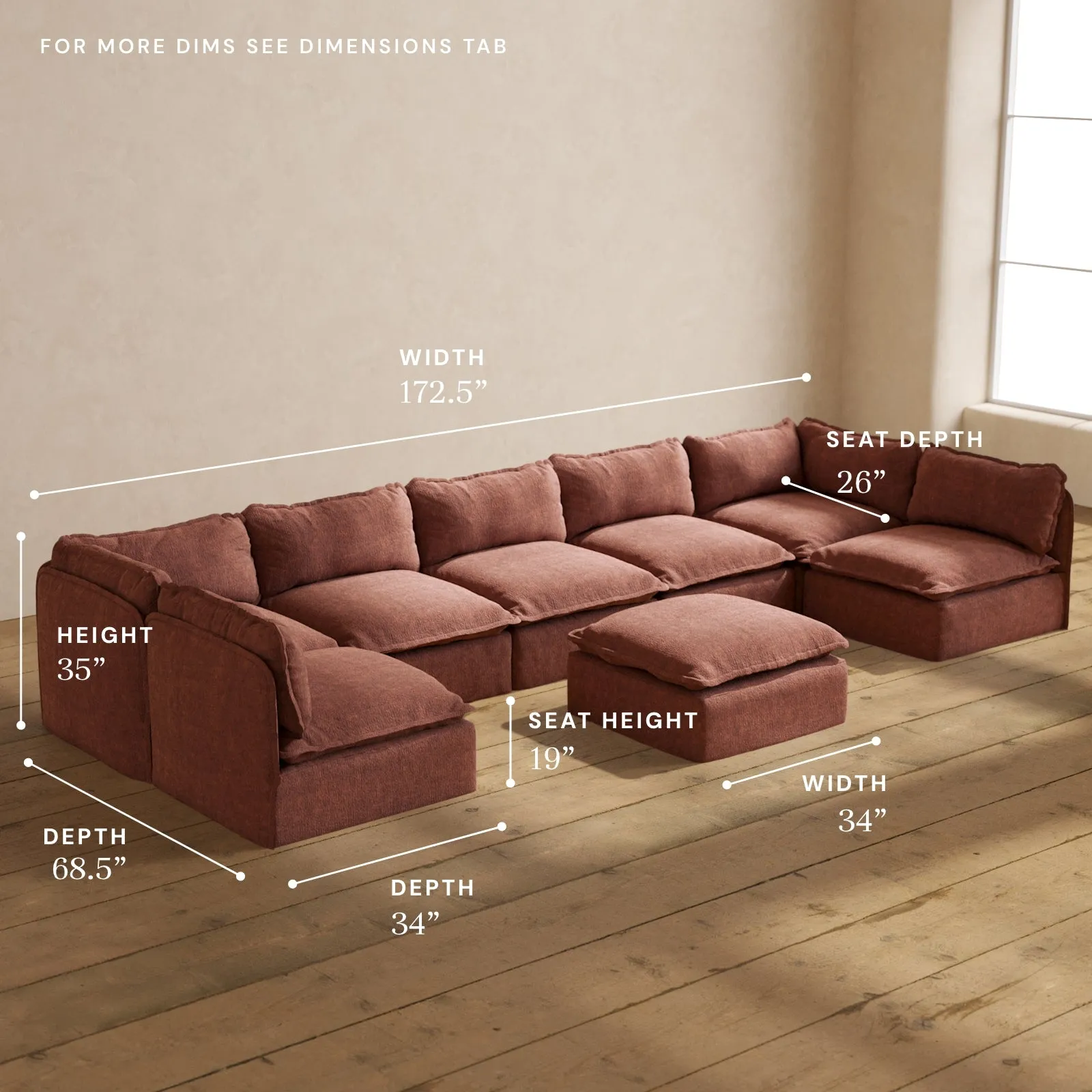 Modular Performance 7-Seater Open-Ends U-Sectional   Ottoman in Chestnut | Relaxed Blend