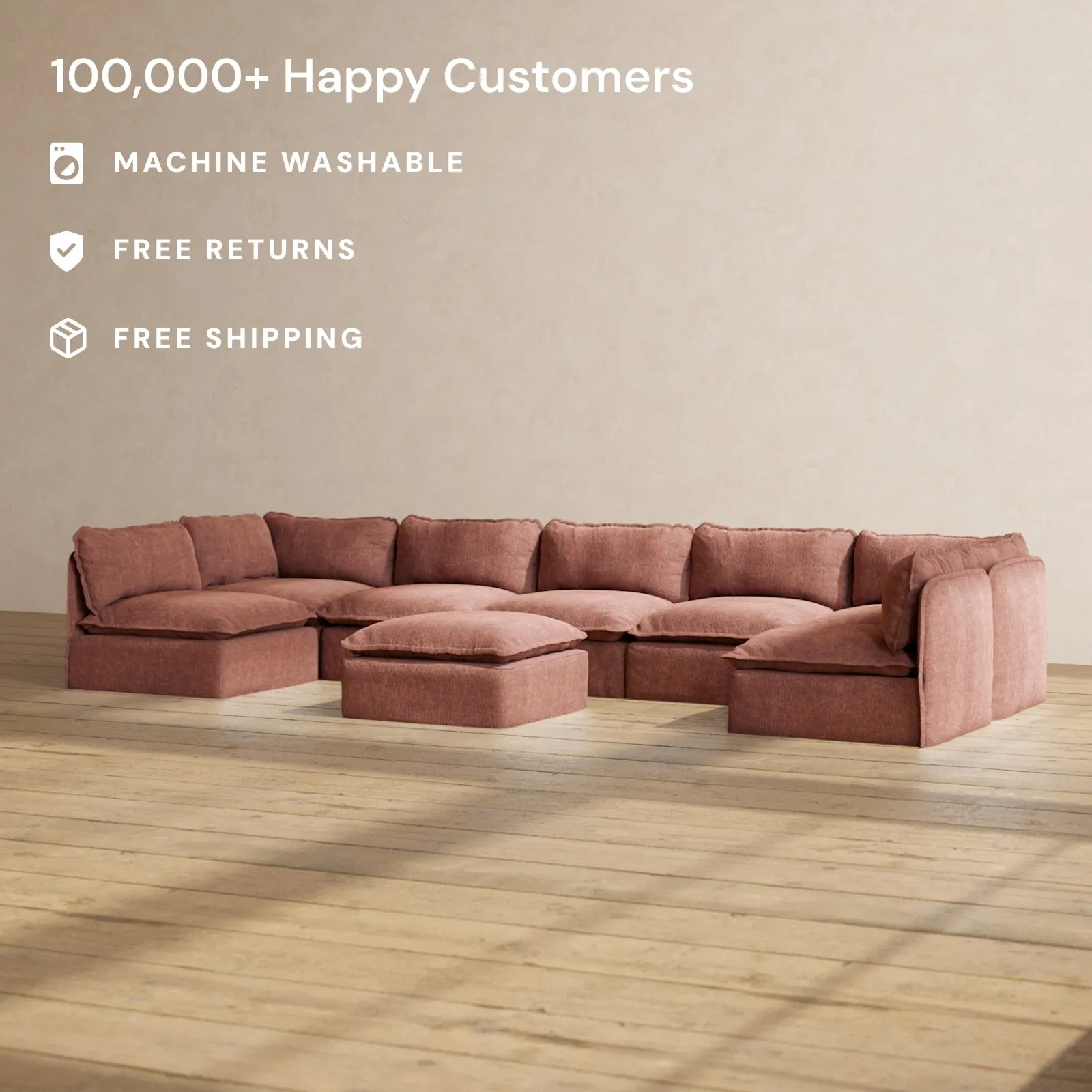 Modular Performance 7-Seater Open-Ends U-Sectional   Ottoman in Chestnut | Relaxed Blend
