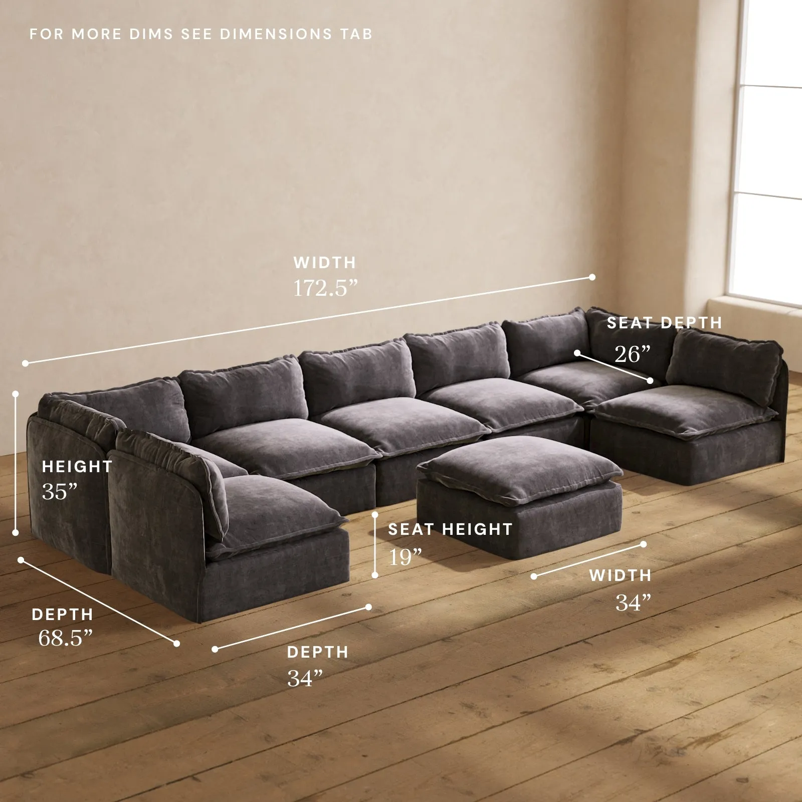 Modular Performance 7-Seater Open-Ends U-Sectional   Ottoman in Cinder | Relaxed Blend