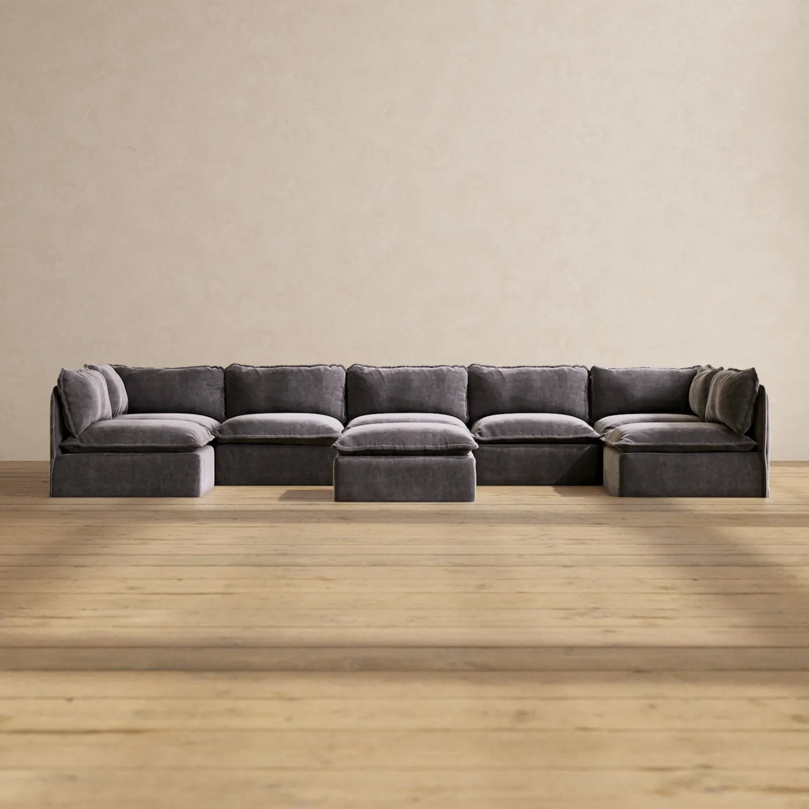 Modular Performance 7-Seater Open-Ends U-Sectional   Ottoman in Cinder | Relaxed Blend