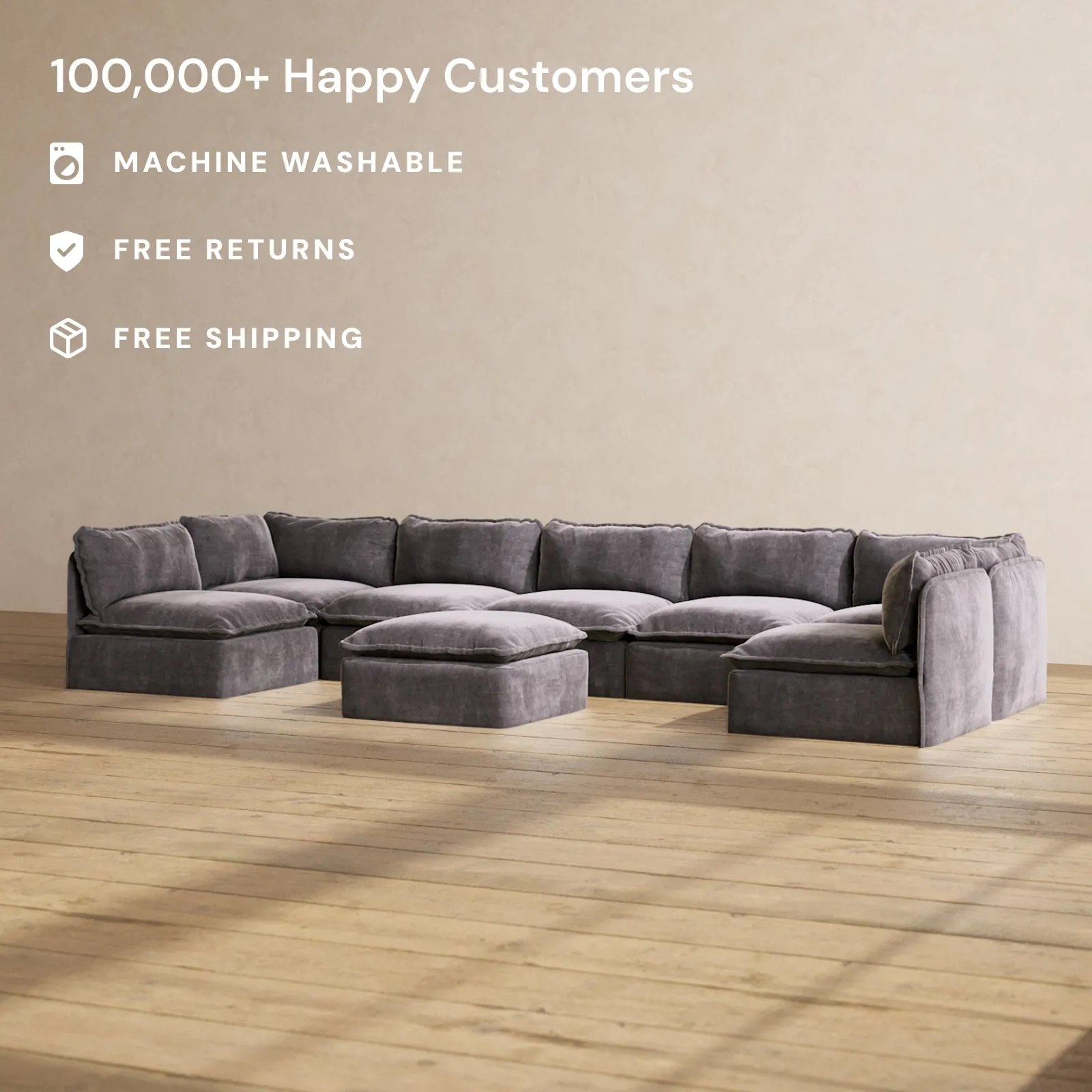Modular Performance 7-Seater Open-Ends U-Sectional   Ottoman in Cinder | Relaxed Blend
