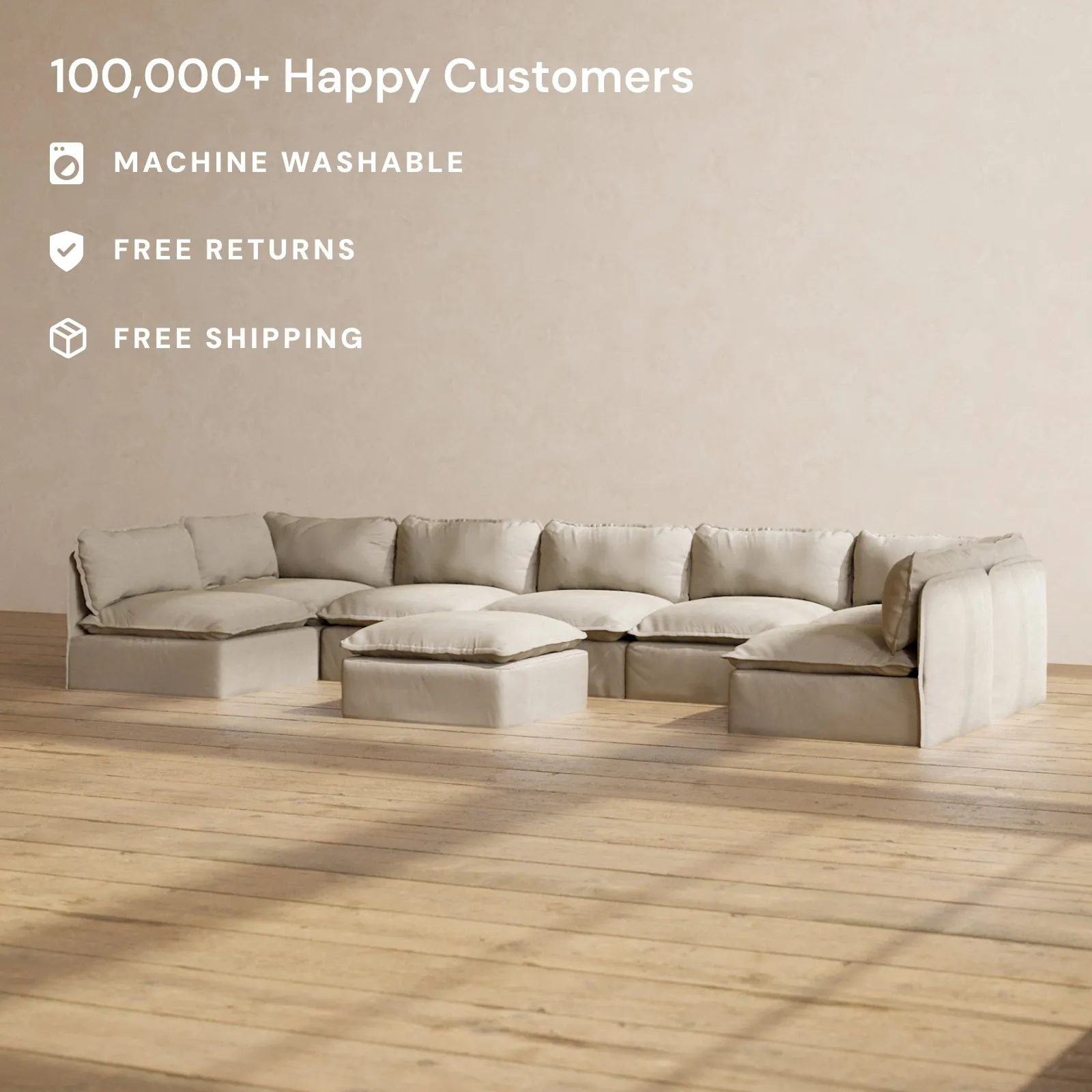 Modular Performance 7-Seater Open-Ends U-Sectional   Ottoman in Dune | Deluxe Blend
