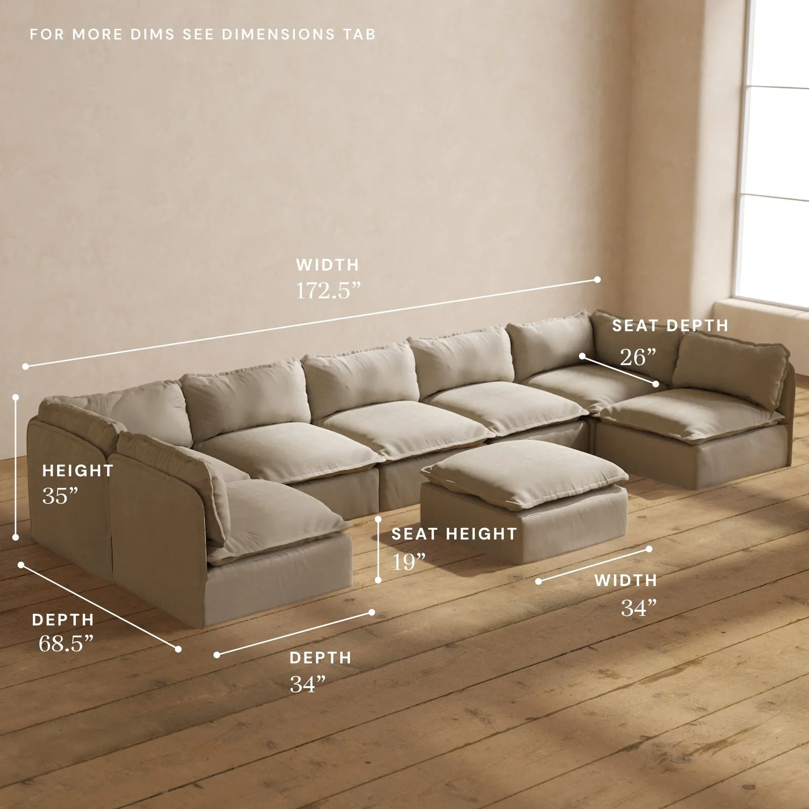 Modular Performance 7-Seater Open-Ends U-Sectional   Ottoman in Dune | Deluxe Blend