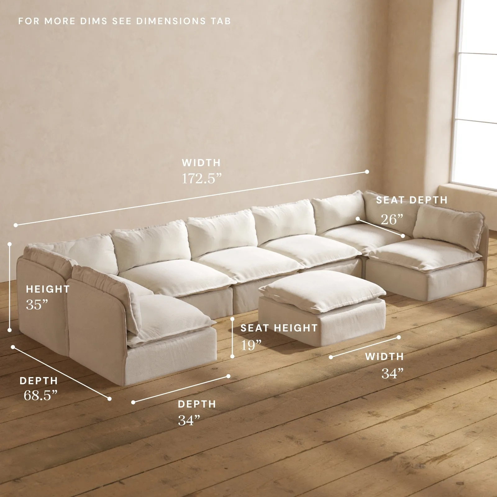 Modular Performance 7-Seater Open-Ends U-Sectional   Ottoman in Flour | Relaxed Blend