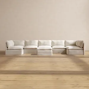 Modular Performance 7-Seater Open-Ends U-Sectional   Ottoman in Flour | Relaxed Blend