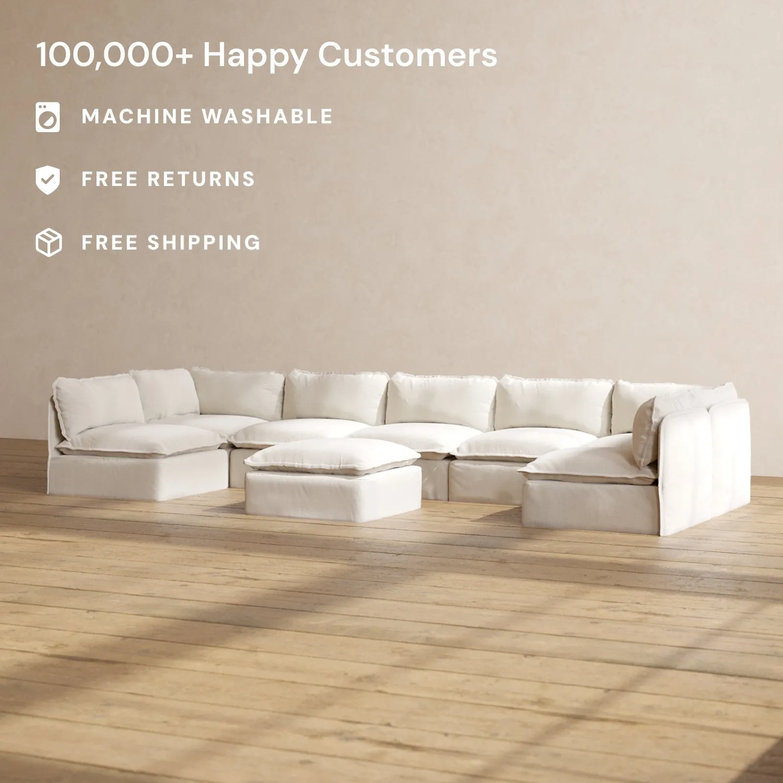 Modular Performance 7-Seater Open-Ends U-Sectional   Ottoman in Flour | Relaxed Blend