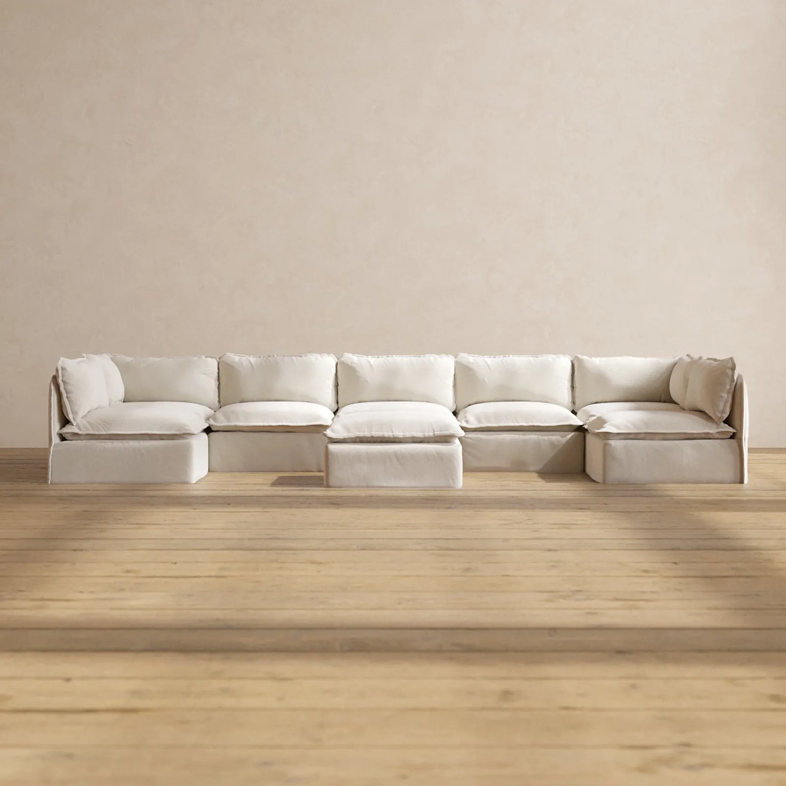 Modular Performance 7-Seater Open-Ends U-Sectional   Ottoman in Flour | Relaxed Blend