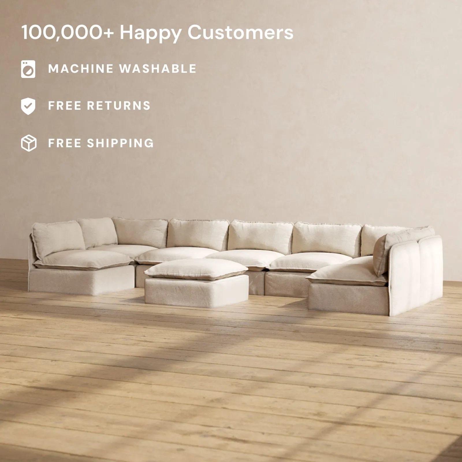 Modular Performance 7-Seater Open-Ends U-Sectional   Ottoman in Oat | Deluxe Blend