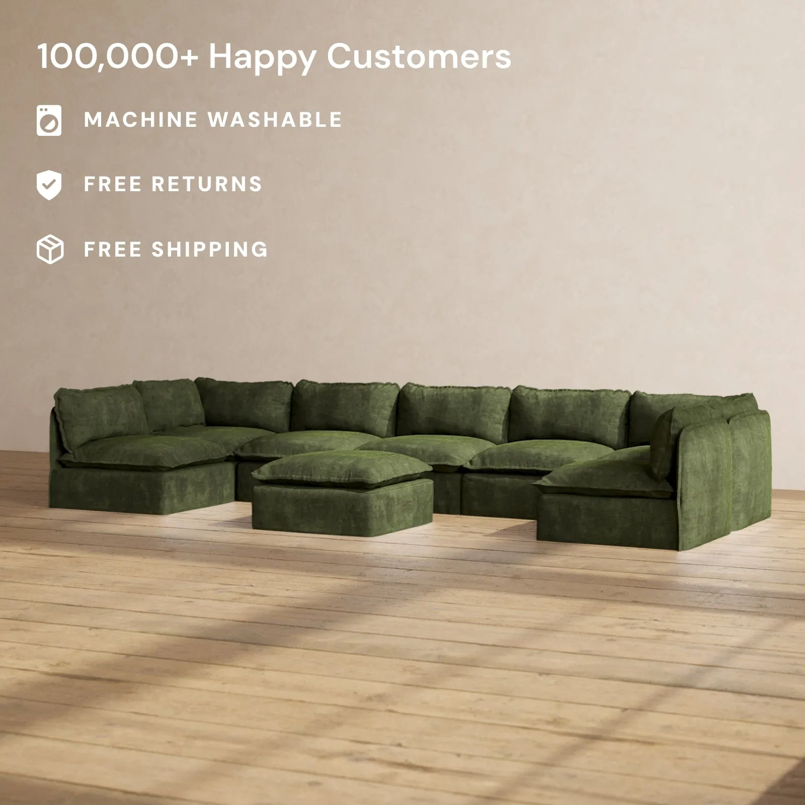 Modular Performance 7-Seater Open-Ends U-Sectional   Ottoman in Olive | Relaxed Blend
