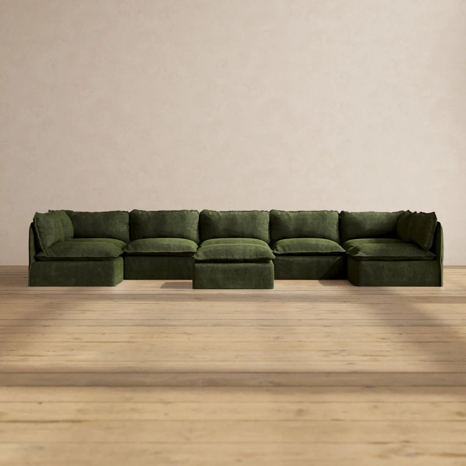 Modular Performance 7-Seater Open-Ends U-Sectional   Ottoman in Olive | Relaxed Blend