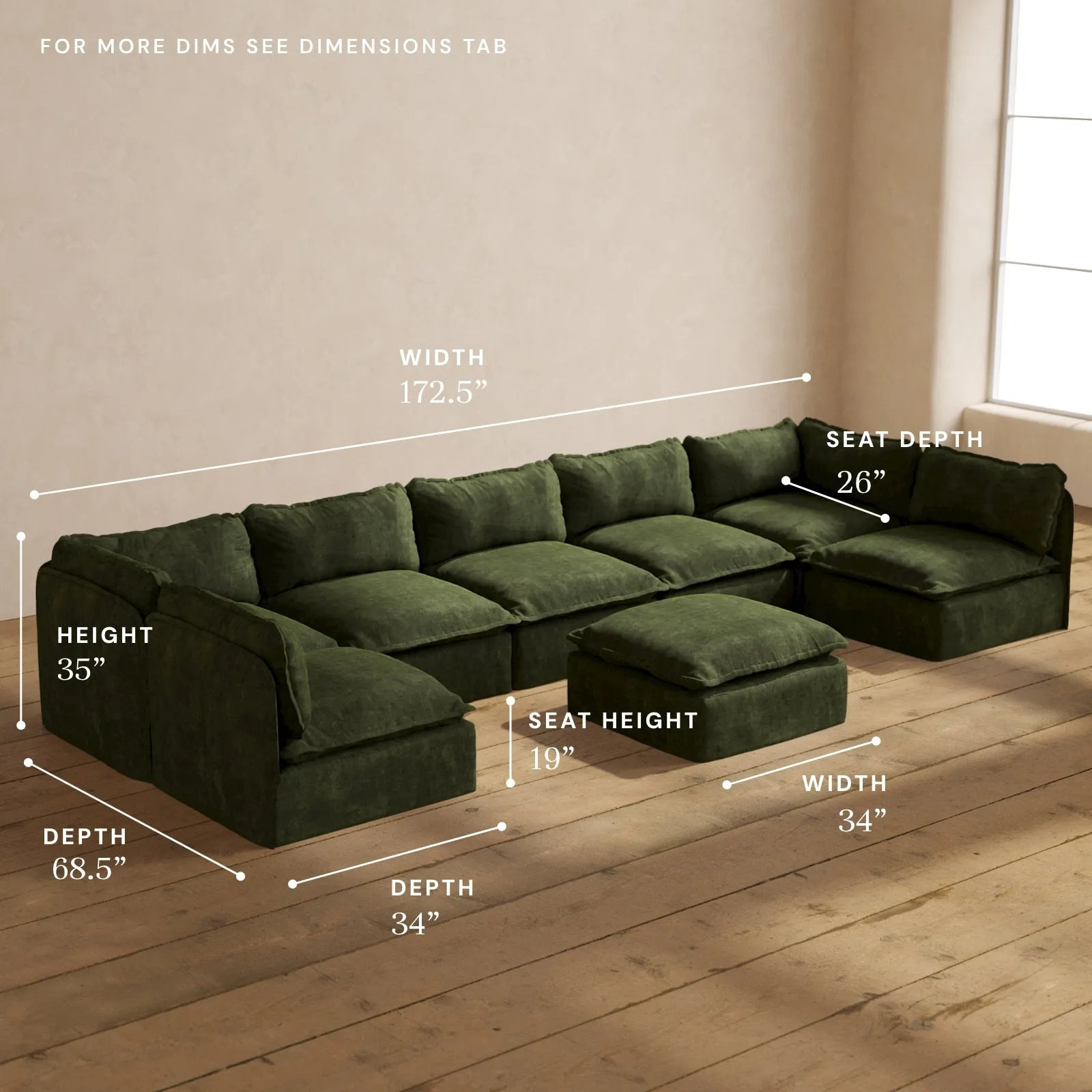 Modular Performance 7-Seater Open-Ends U-Sectional   Ottoman in Olive | Relaxed Blend