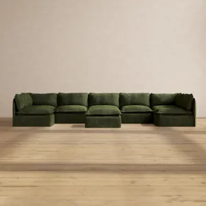 Modular Performance 7-Seater Open-Ends U-Sectional   Ottoman in Olive | Relaxed Blend
