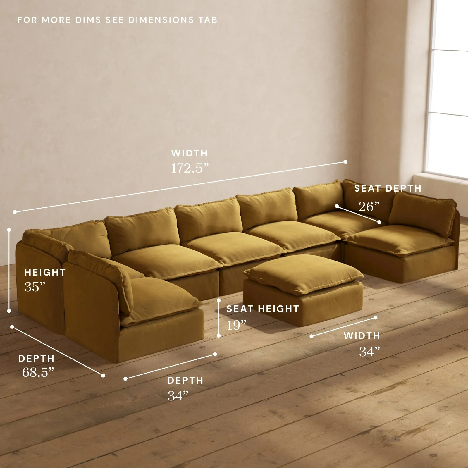 Modular Performance 7-Seater Open-Ends U-Sectional   Ottoman in Toffee | Relaxed Blend