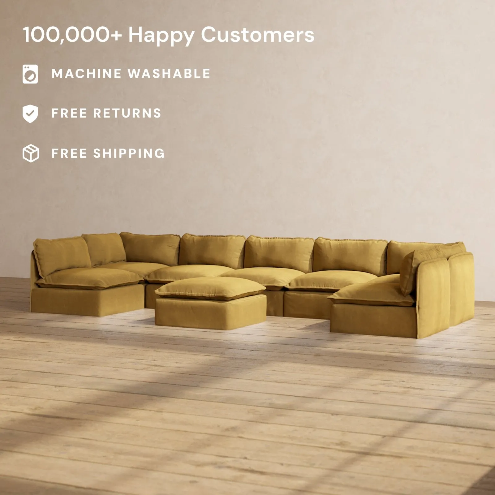 Modular Performance 7-Seater Open-Ends U-Sectional   Ottoman in Toffee | Relaxed Blend