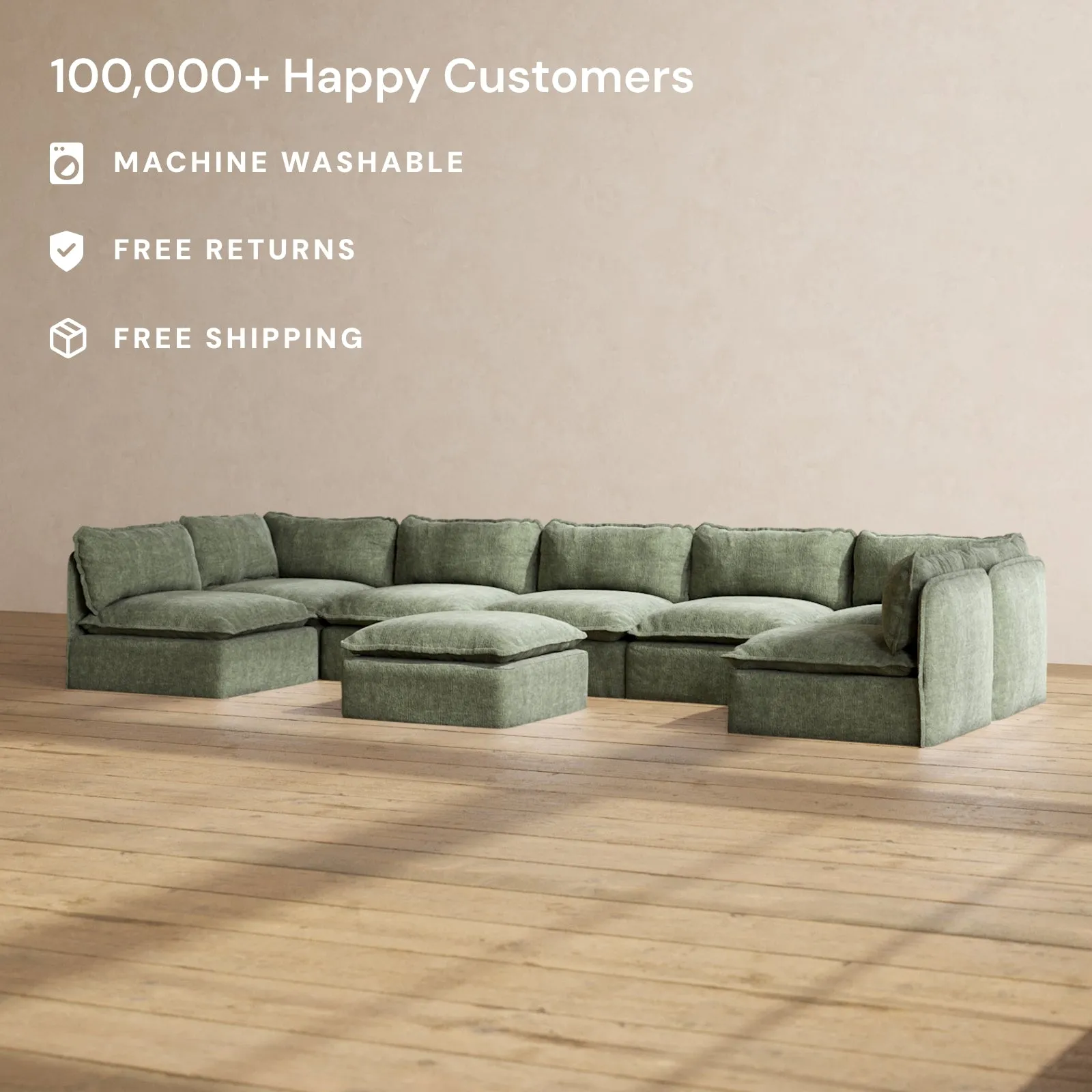 Modular Performance 7-Seater Open-Ends U-Sectional   Ottoman in Willow | Deluxe Blend