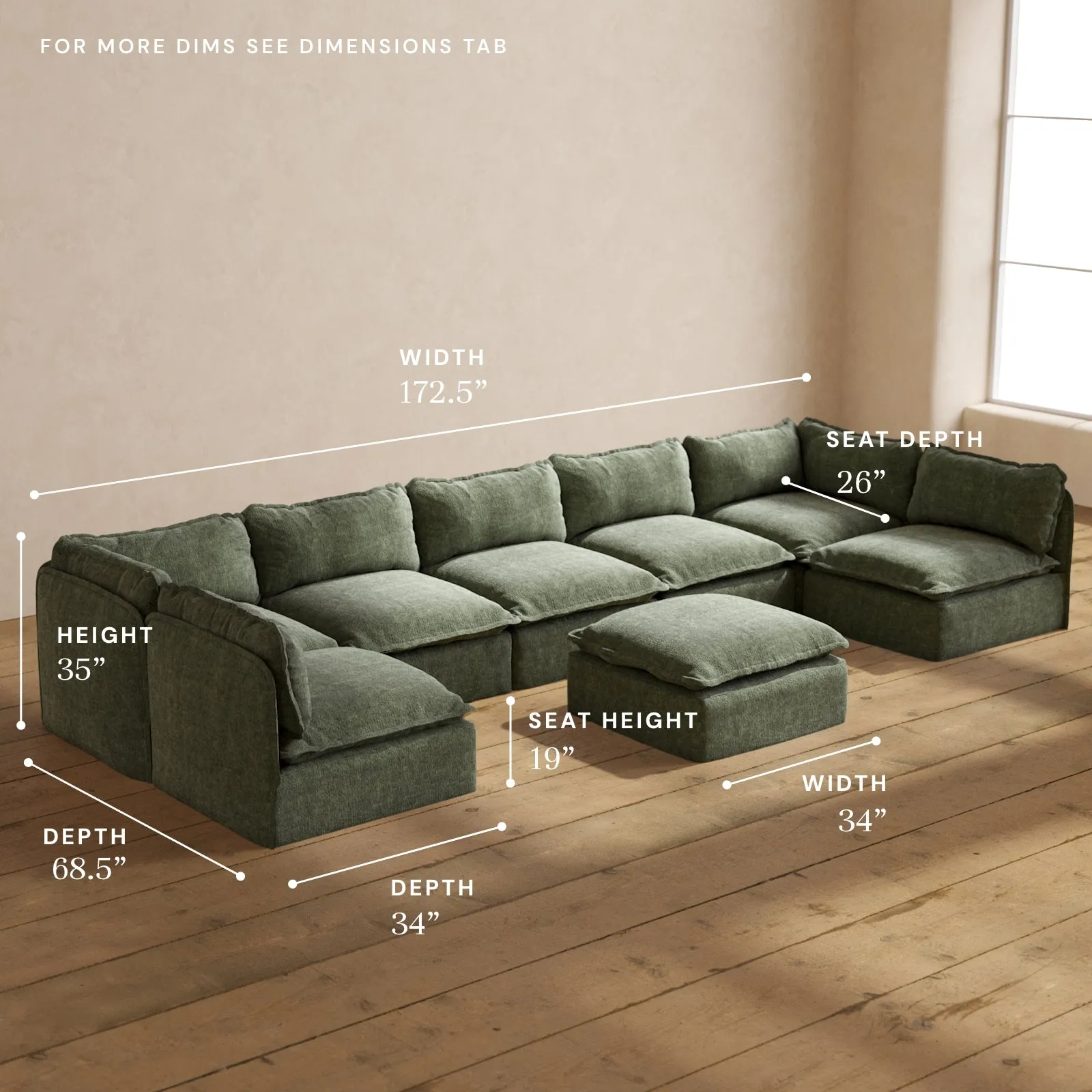 Modular Performance 7-Seater Open-Ends U-Sectional   Ottoman in Willow | Deluxe Blend