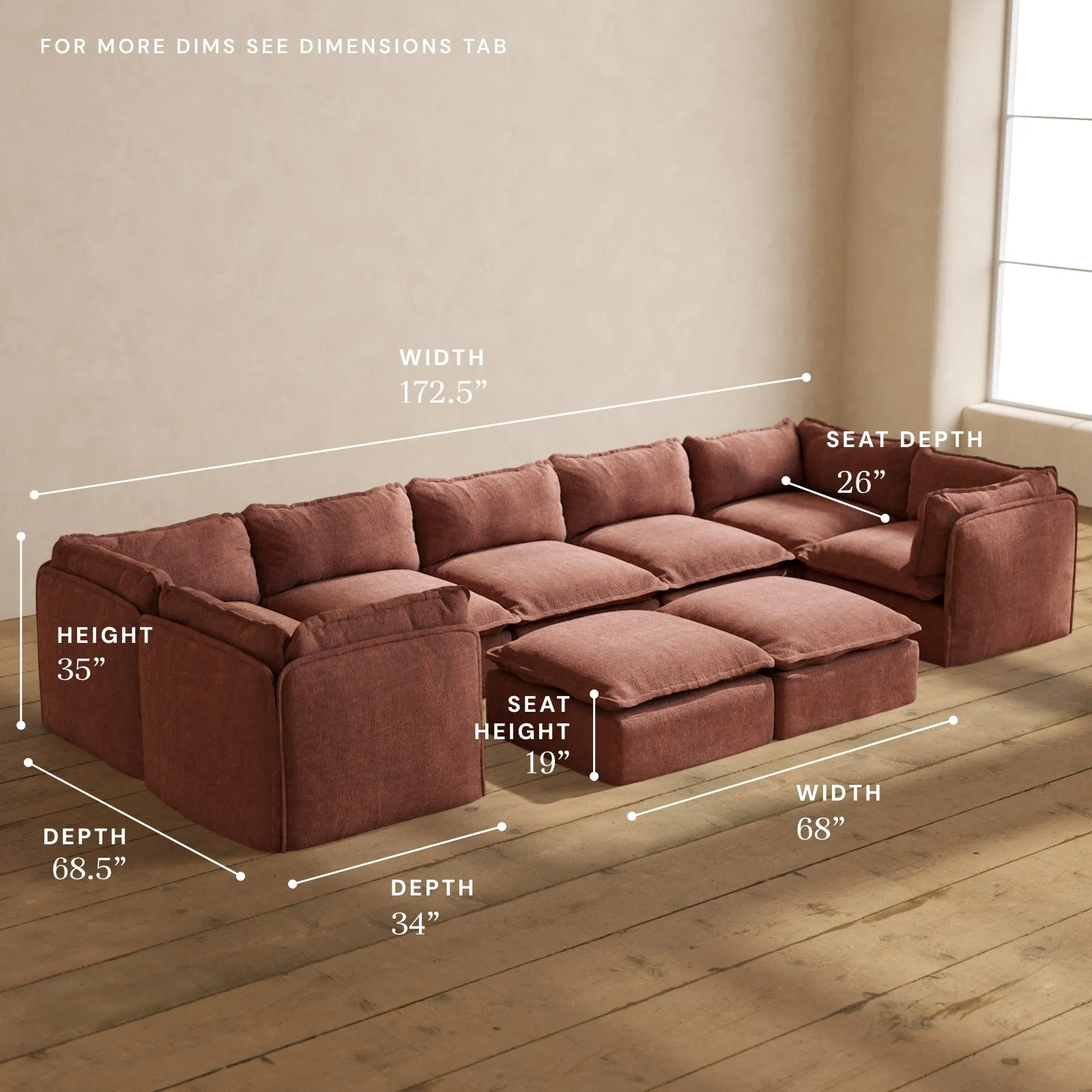 Modular Performance 7-Seater U-Sectional   Bench Ottoman in Chestnut | Deluxe Blend