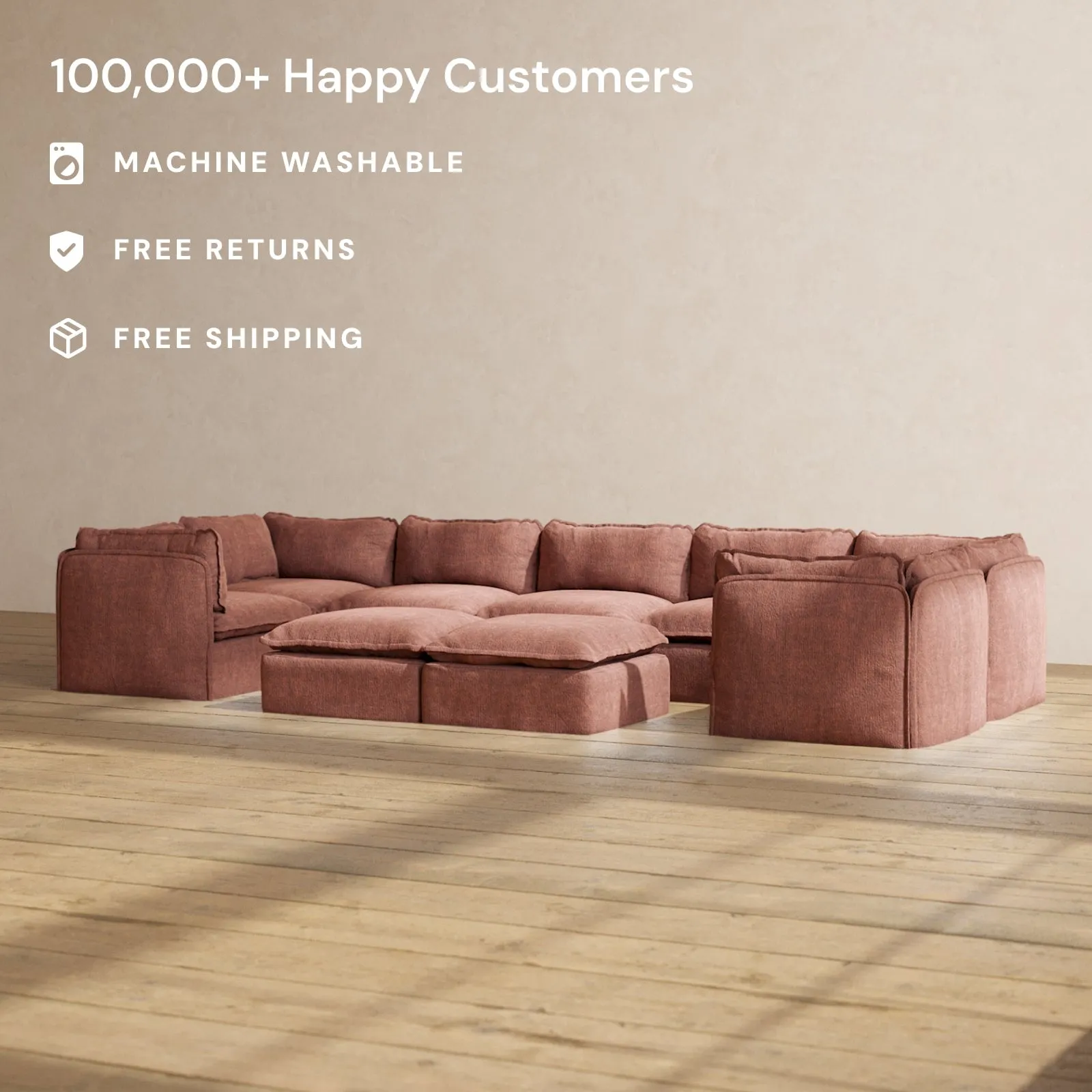Modular Performance 7-Seater U-Sectional   Bench Ottoman in Chestnut | Deluxe Blend