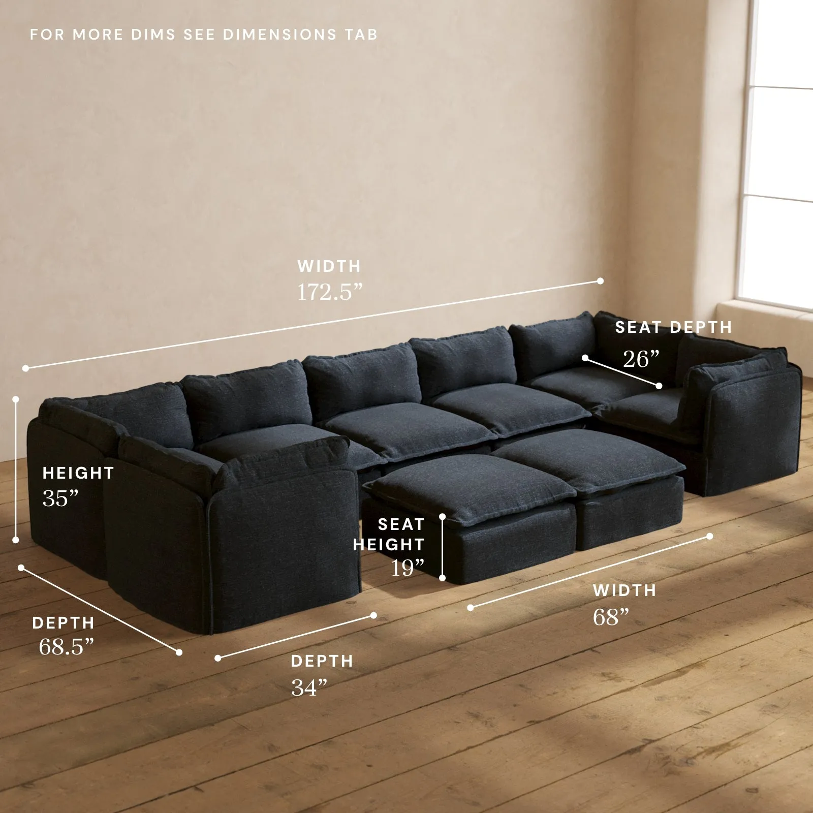 Modular Performance 7-Seater U-Sectional   Bench Ottoman in Indigo | Deluxe Blend