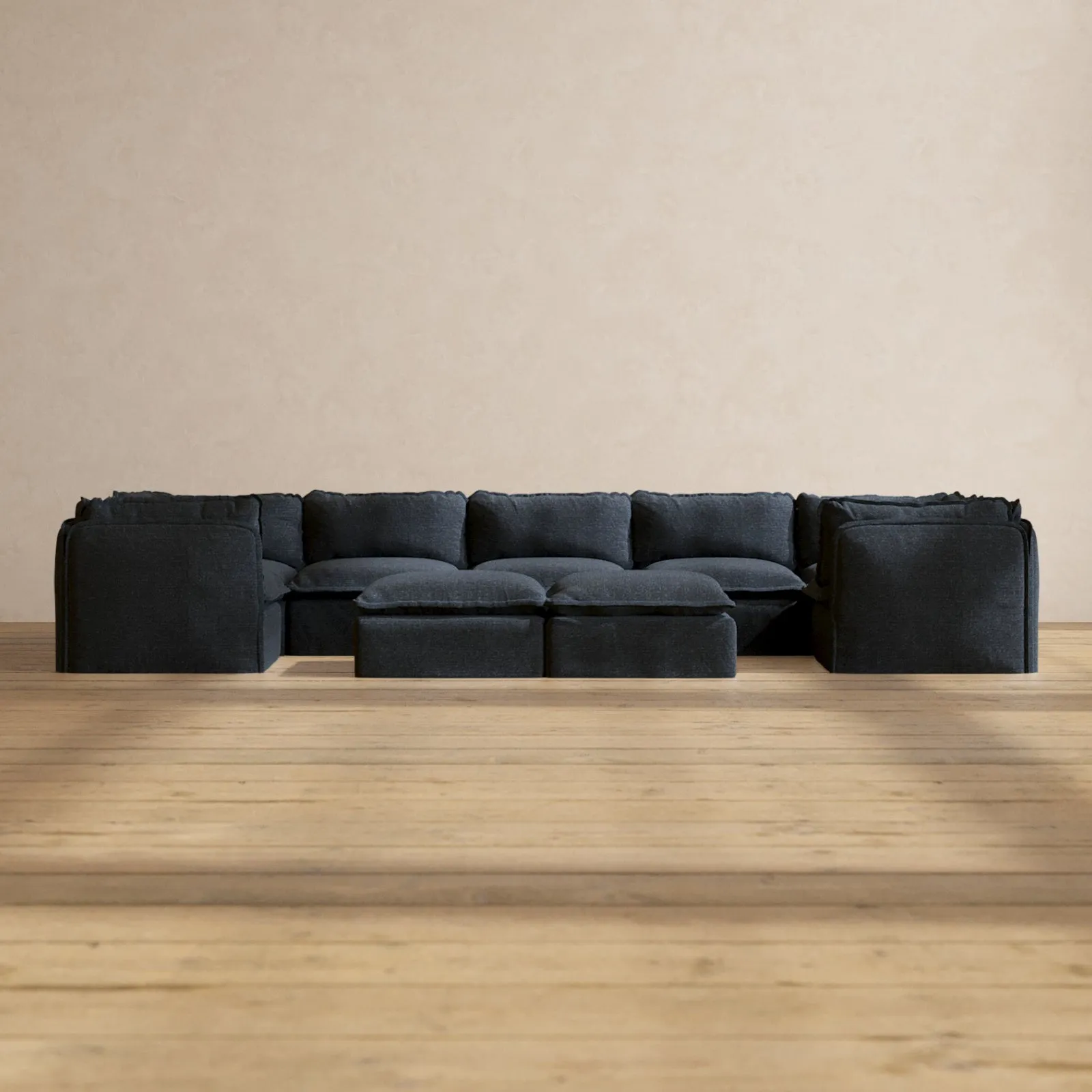 Modular Performance 7-Seater U-Sectional   Bench Ottoman in Indigo | Deluxe Blend
