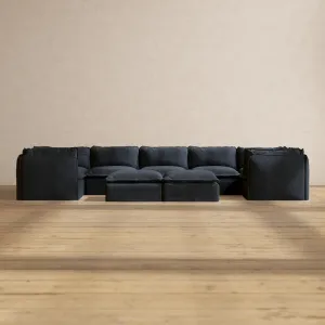 Modular Performance 7-Seater U-Sectional   Bench Ottoman in Indigo | Deluxe Blend