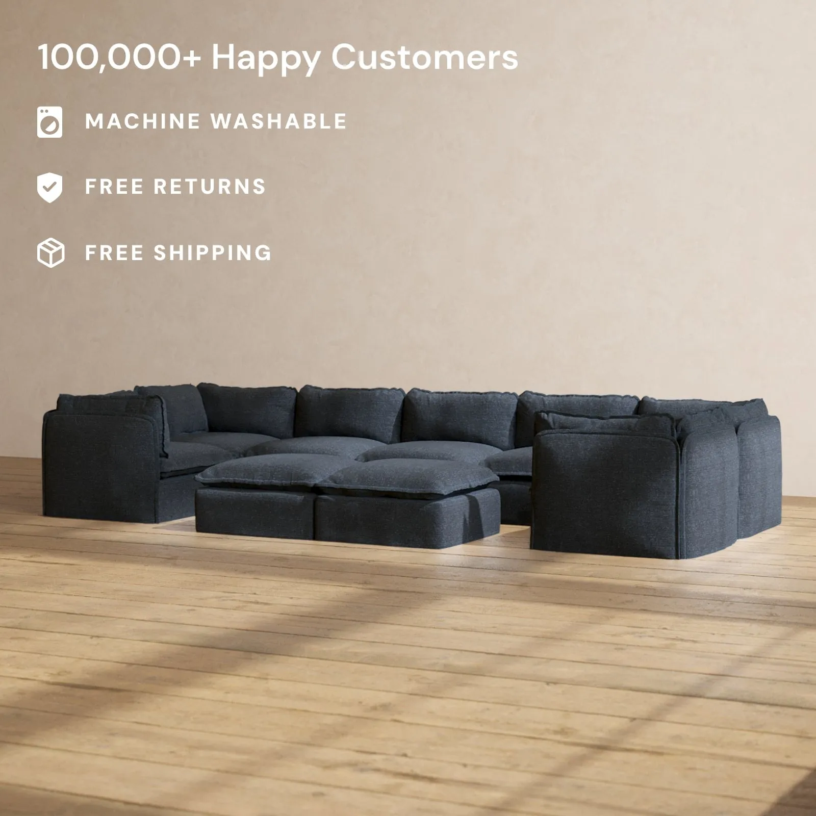 Modular Performance 7-Seater U-Sectional   Bench Ottoman in Indigo | Deluxe Blend