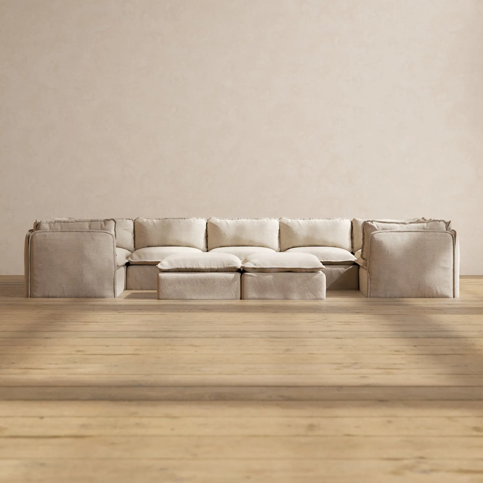 Modular Performance 7-Seater U-Sectional   Bench Ottoman in Oat | Deluxe Blend