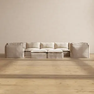 Modular Performance 7-Seater U-Sectional   Bench Ottoman in Oat | Deluxe Blend