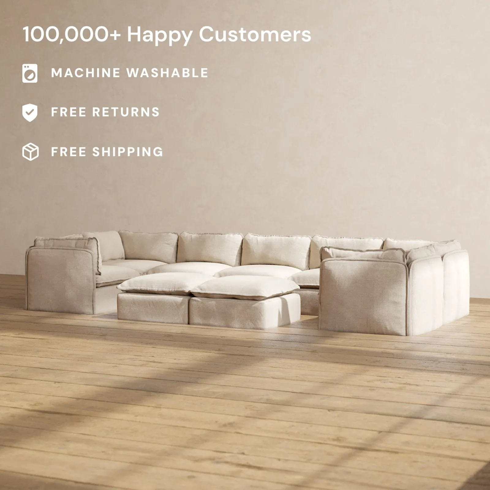 Modular Performance 7-Seater U-Sectional   Bench Ottoman in Oat | Deluxe Blend