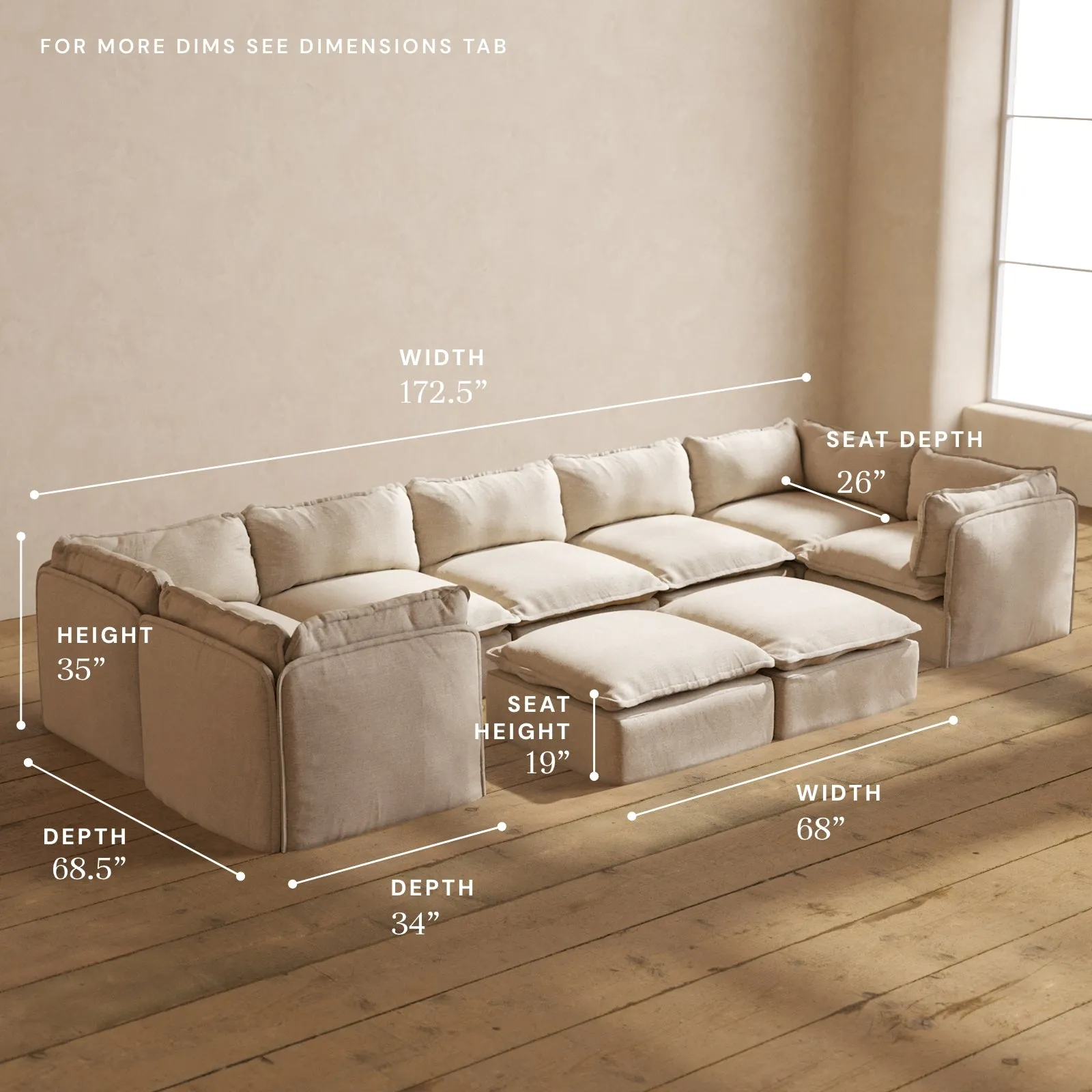Modular Performance 7-Seater U-Sectional   Bench Ottoman in Oat | Deluxe Blend