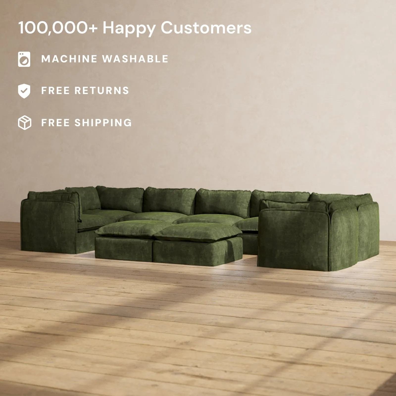 Modular Performance 7-Seater U-Sectional   Bench Ottoman in Olive | Relaxed Blend