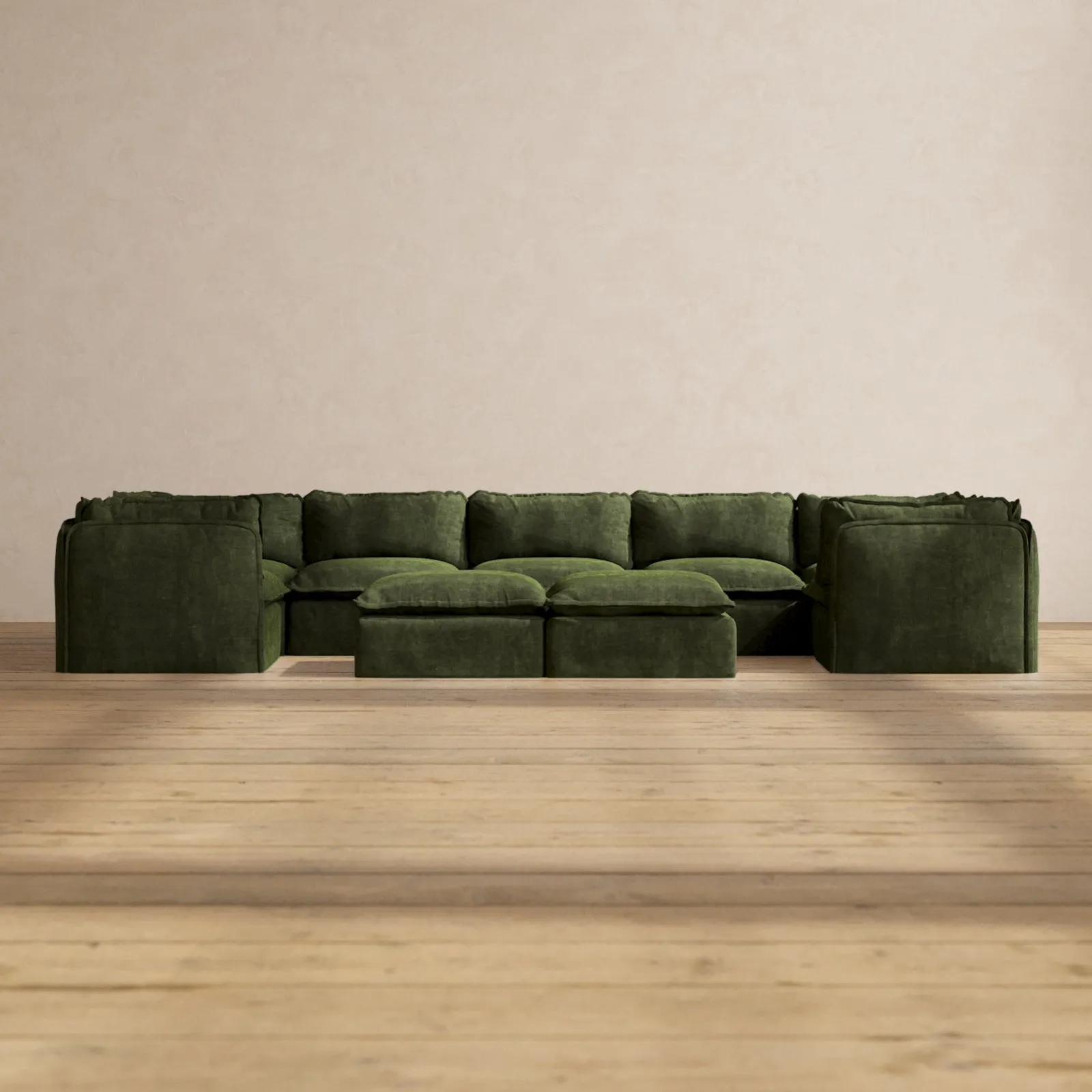 Modular Performance 7-Seater U-Sectional   Bench Ottoman in Olive | Relaxed Blend