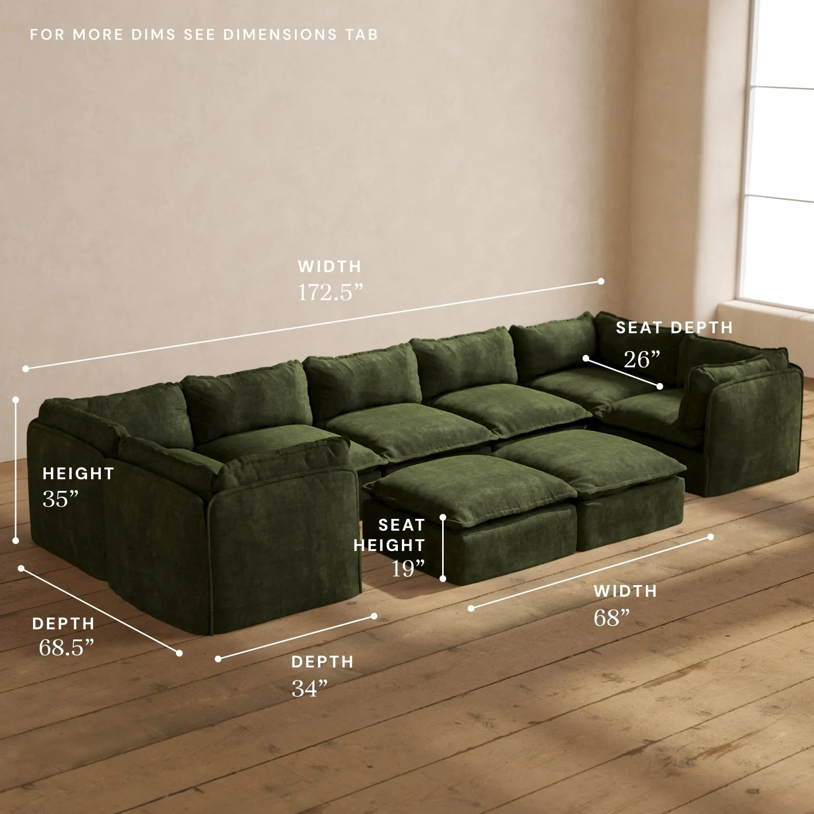 Modular Performance 7-Seater U-Sectional   Bench Ottoman in Olive | Relaxed Blend