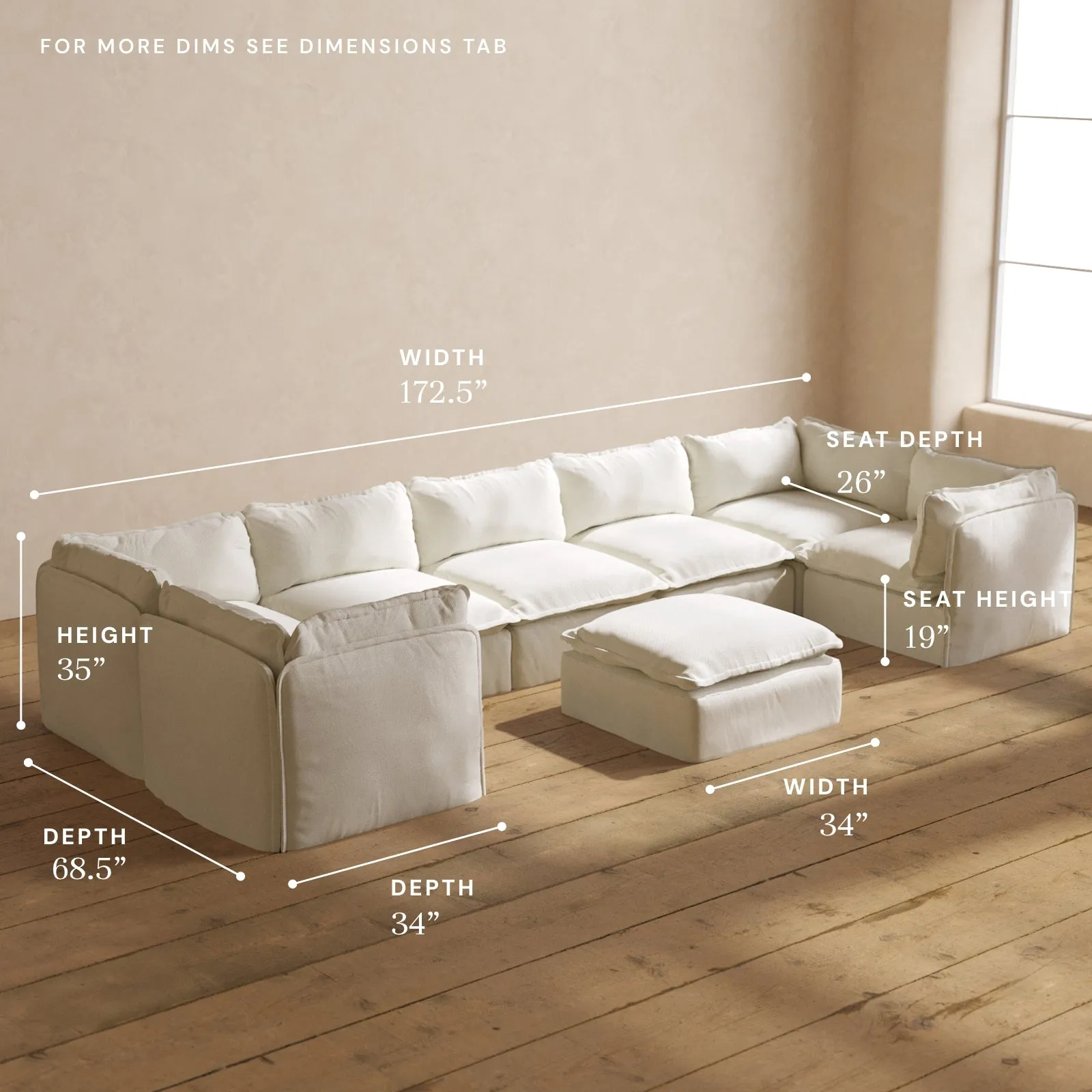 Modular Performance 7-Seater U-Sectional   Ottoman in Eggshell | Deluxe Blend