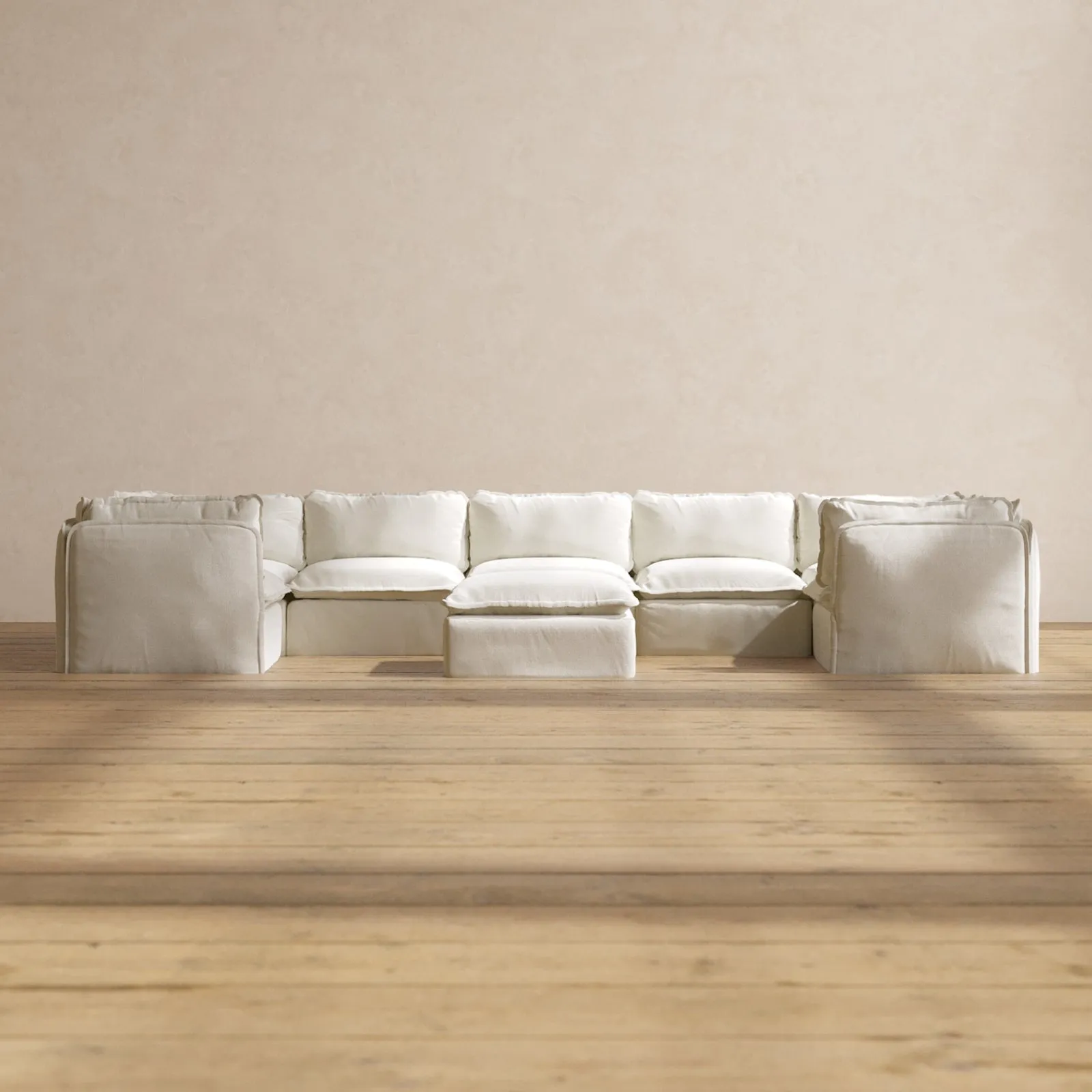 Modular Performance 7-Seater U-Sectional   Ottoman in Eggshell | Deluxe Blend