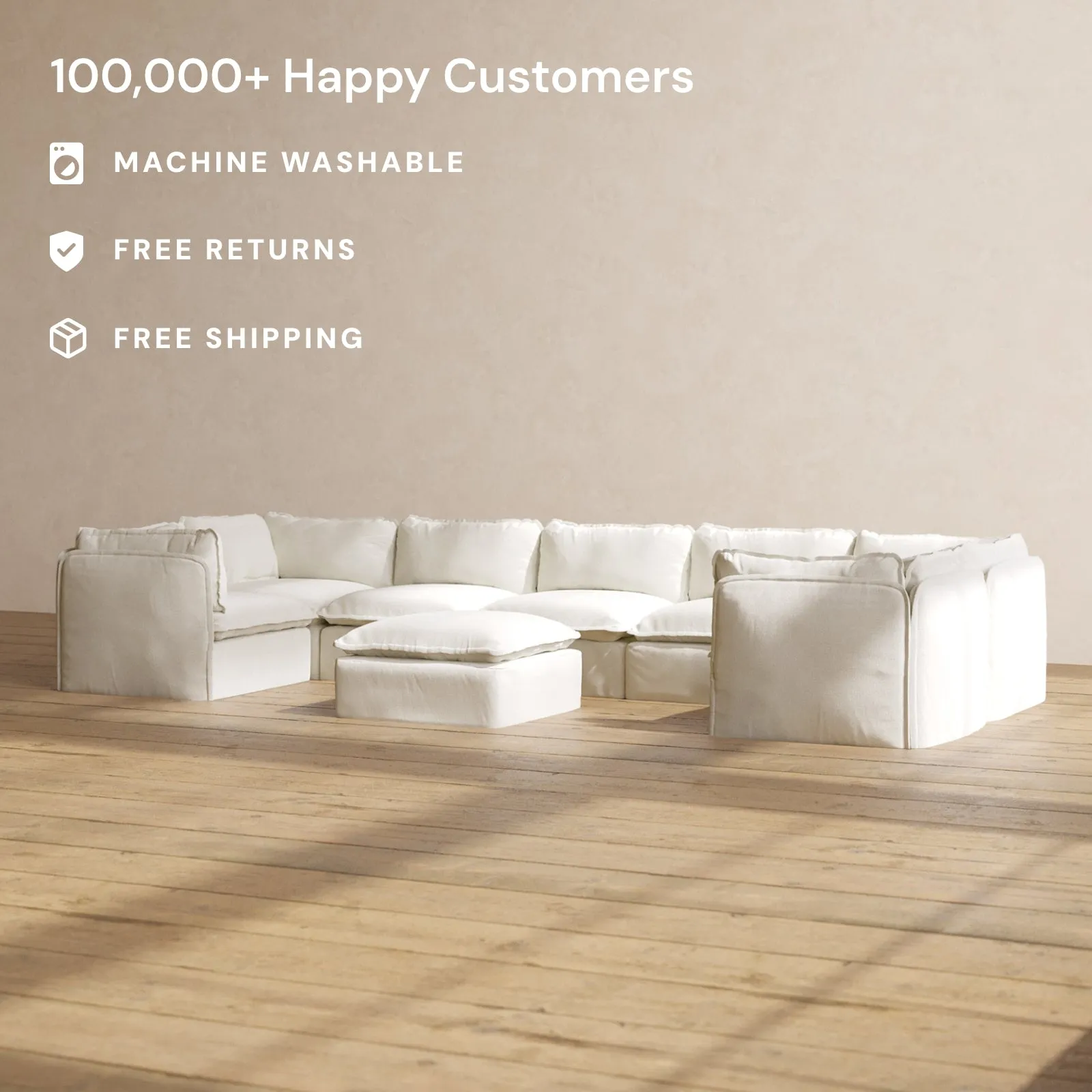 Modular Performance 7-Seater U-Sectional   Ottoman in Eggshell | Deluxe Blend