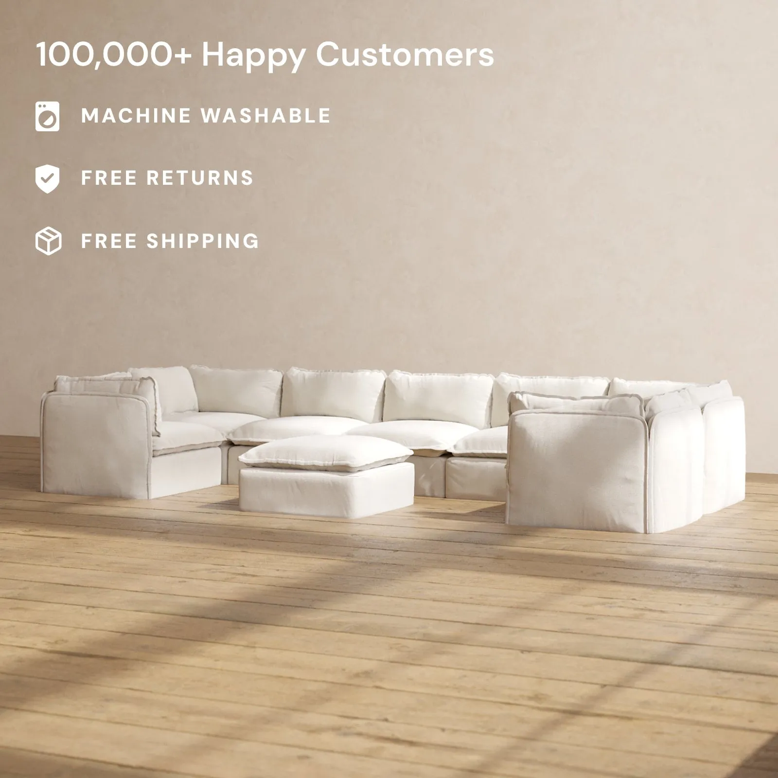Modular Performance 7-Seater U-Sectional   Ottoman in Flour | Deluxe Blend